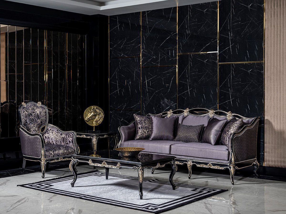 Casa Padrino / Luxus Barock & Sofa Schwarz Wohnzimmer Möbel Handgefertigtes Barockstil Wohnzimmer mit / dekorativen Sofa - Sofa Prunkvoll - Lila - Gold Kissen Edel im