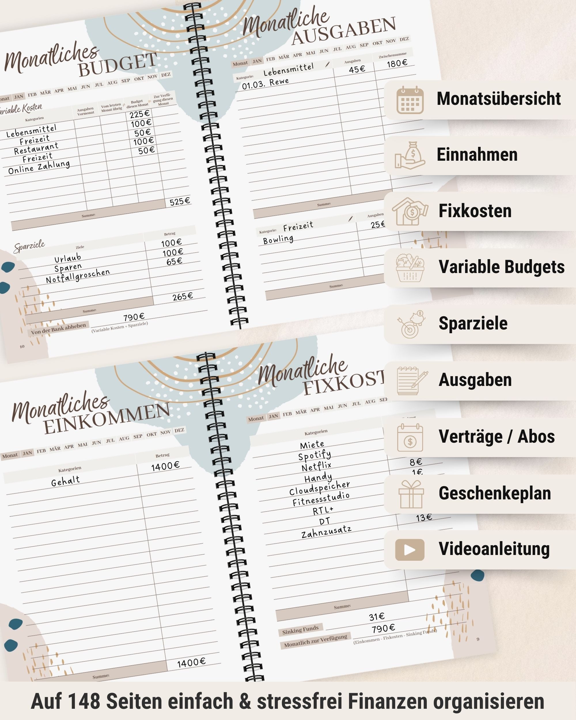 BeginnerBudget Ringbuchkalender Budget Planner & Haushaltsbuch Starter-Set: Sparbuch & Spar-Challenges, Sparen mit Umschlagmethode + Anleitung - Ringbuch - Binder A6