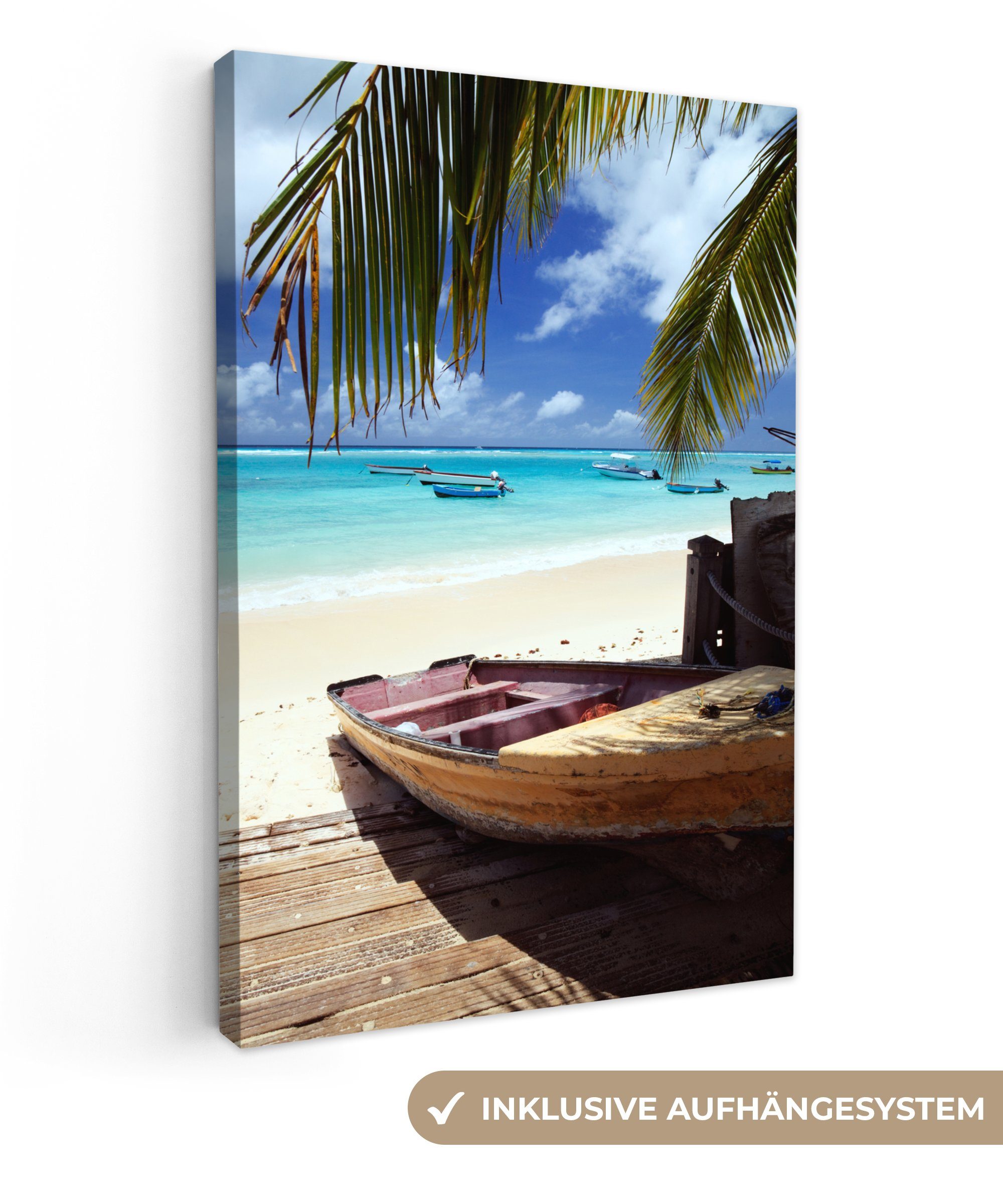 OneMillionCanvasses® Leinwandbild Fischerboot in der Karibik, (1 St), Leinwandbild fertig bespannt inkl. Zackenaufhänger, Gemälde, 20x30 cm