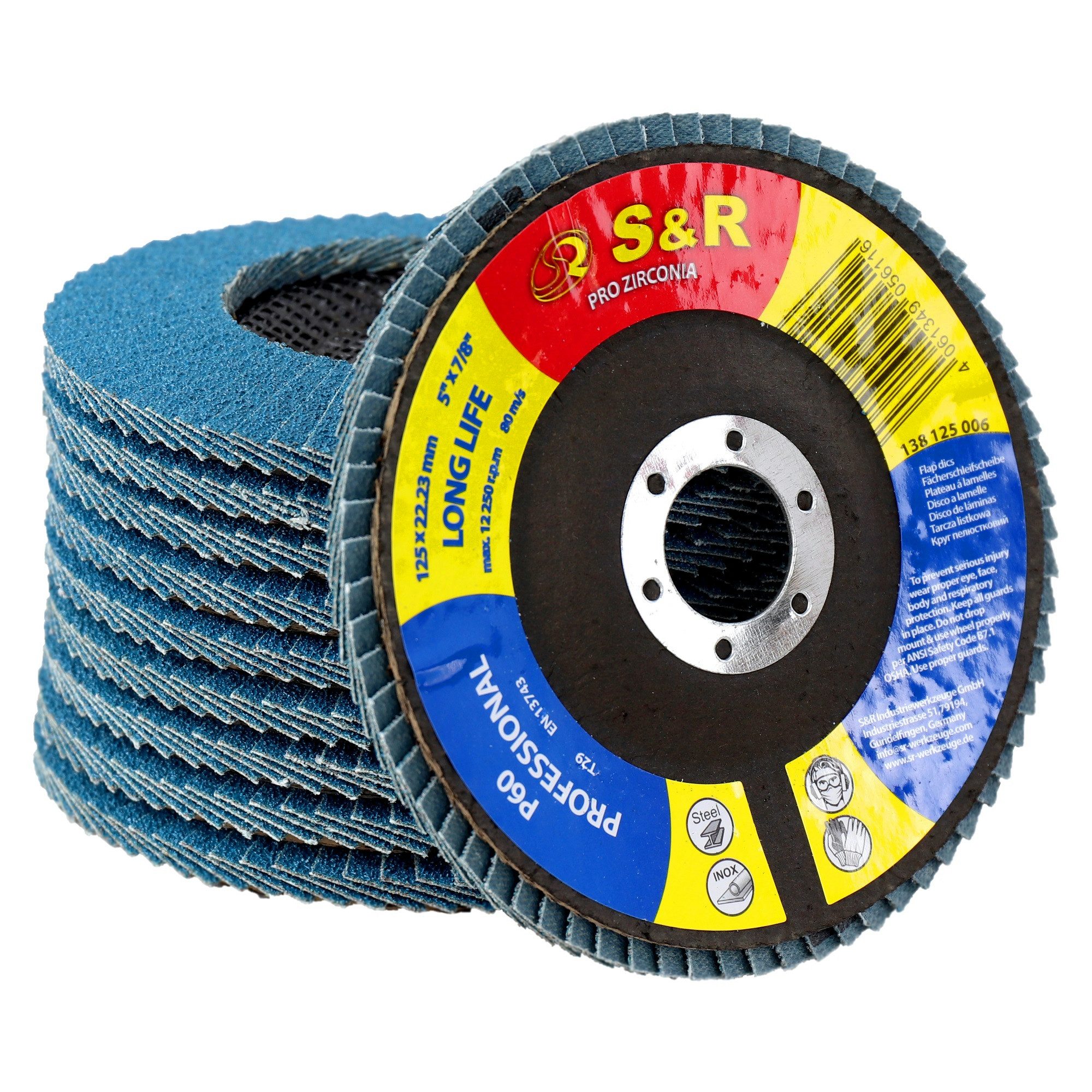S&R Schleifscheibe Fächerschleifscheiben Set, 125 x 22,23 mm, Profi Qualität, (Set, 10 St., 10-teilig), T29, Lamellenschleifer Satz für Stahl, Edelstahl, Körnung P60