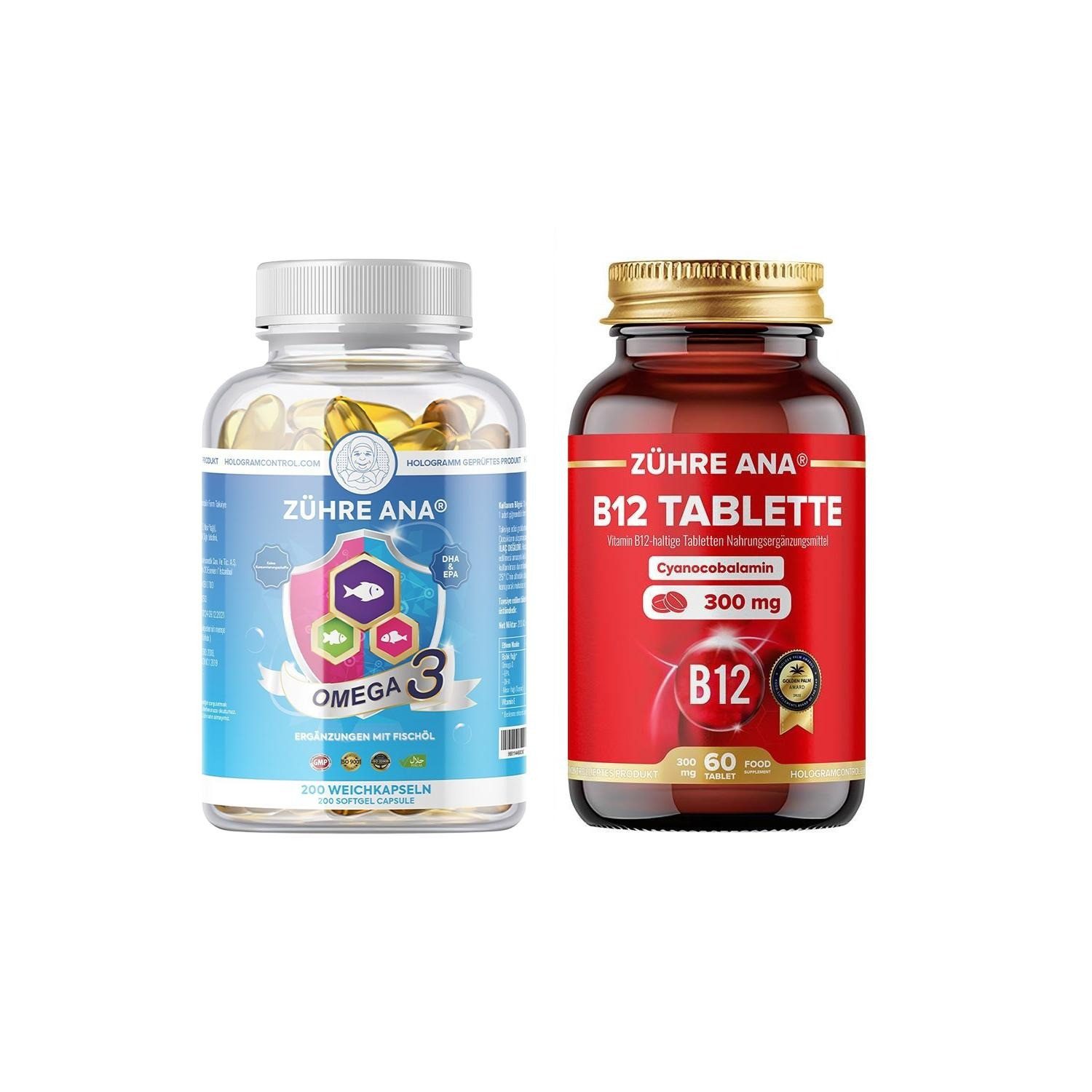 Zühre Ana® Omega 3 & B12 – Praktische Kapseln für den Alltag, ohne Zusatzstoffe Kapseln, 260 St., 280 g, Ausgewählte Kombination aus Omega-3 & Vitamin B12