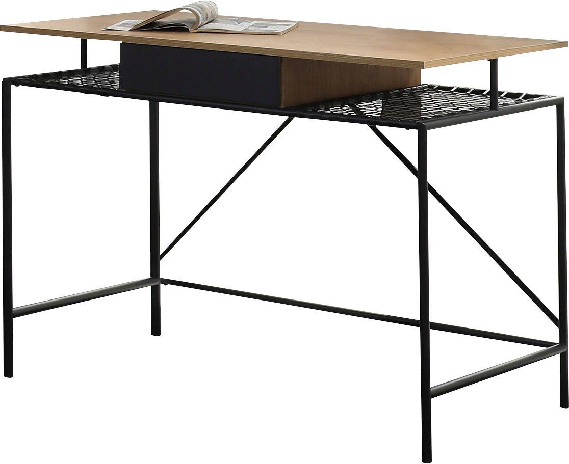 SalesFever Schreibtisch York Arbeitsplatz Deluxe, Metallrahmen-Ablage mit Polyrattan in Geflechtoptik