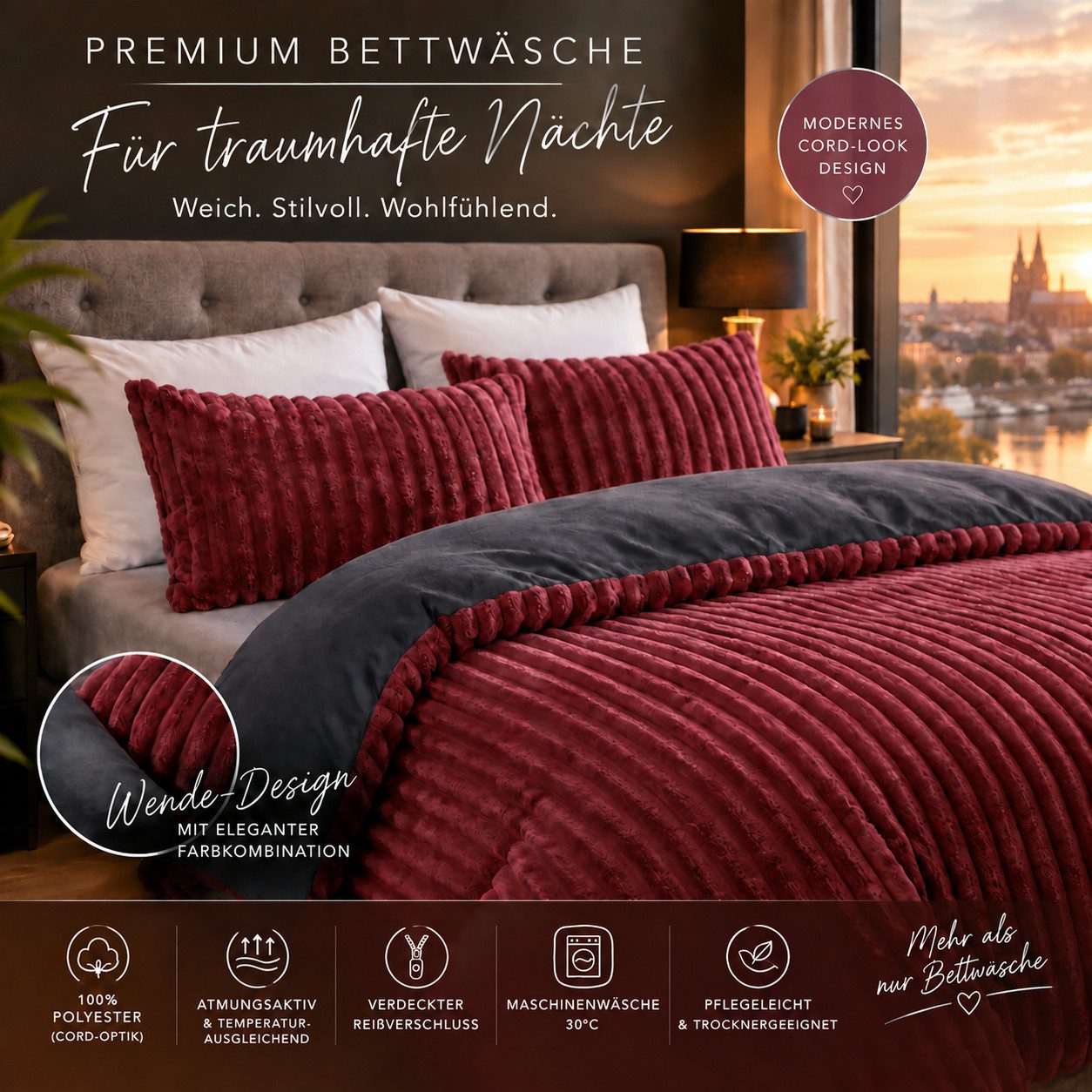Leonado Vicenti Bettwäsche CORD Optik, Teddy Plüsch, Cashmere Touch, Fleece, 3 teilig, Winter, Wendeseite Anthrazit, flauschig, warm, Nicky-Plüsch – Bild 3 von 5