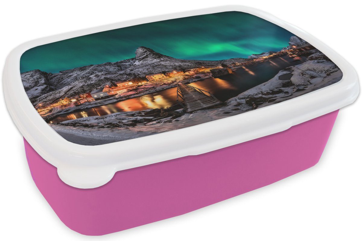 Kunststoff Brotbox Nordlicht Mädchen, Kinder, - MuchoWow (2-tlg), - rosa Schnee Island - Grün - für - Brotdose Lunchbox Kunststoff, Snackbox, Erwachsene, Dorf Berge,