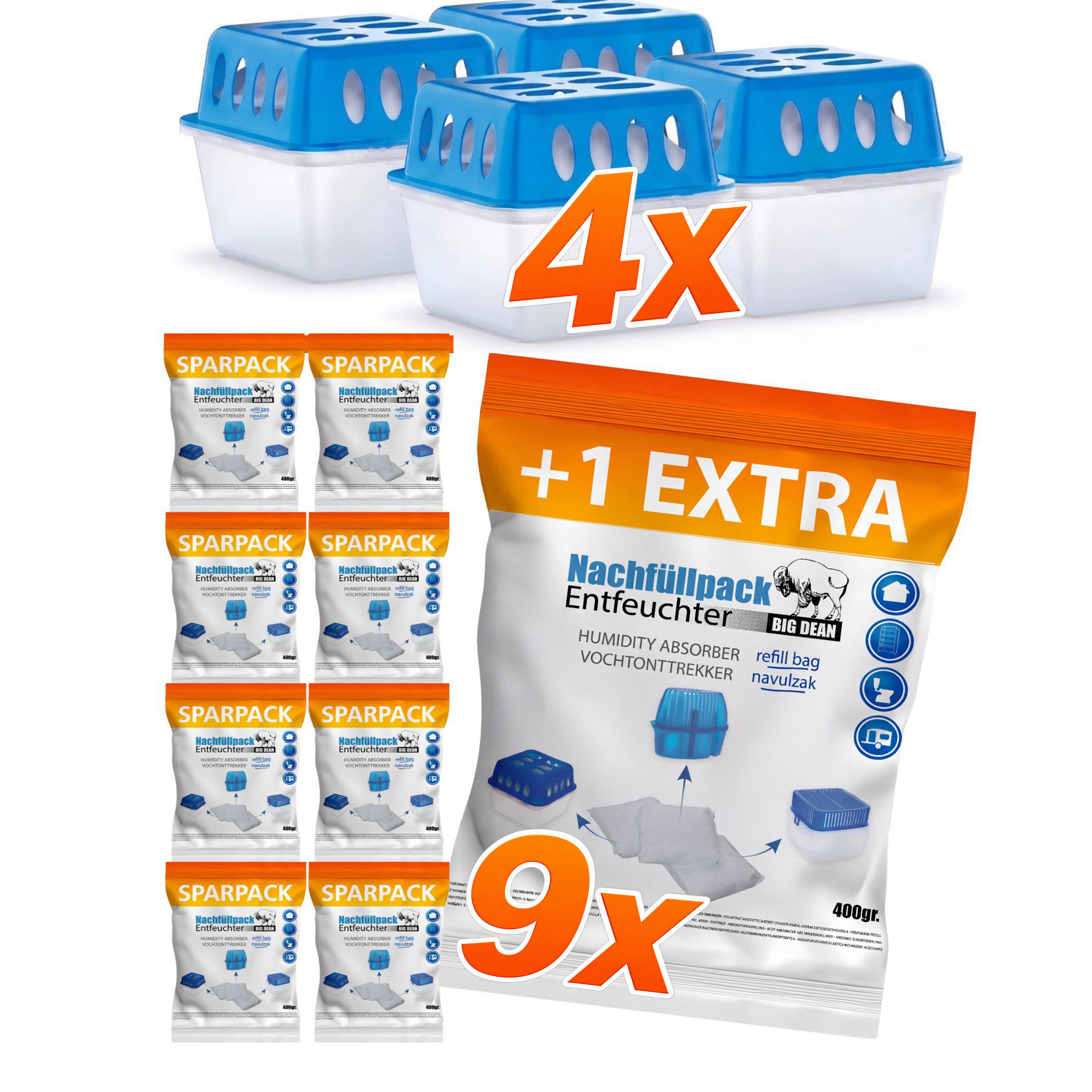 BigDean Luftentfeuchter + Nachfüllpacks 400g Entfeuchter Granulat Raumentfeuchter, 4x Luftentfeuchter + 9er Set Nachfüllpack wiederverwendbar stromlos