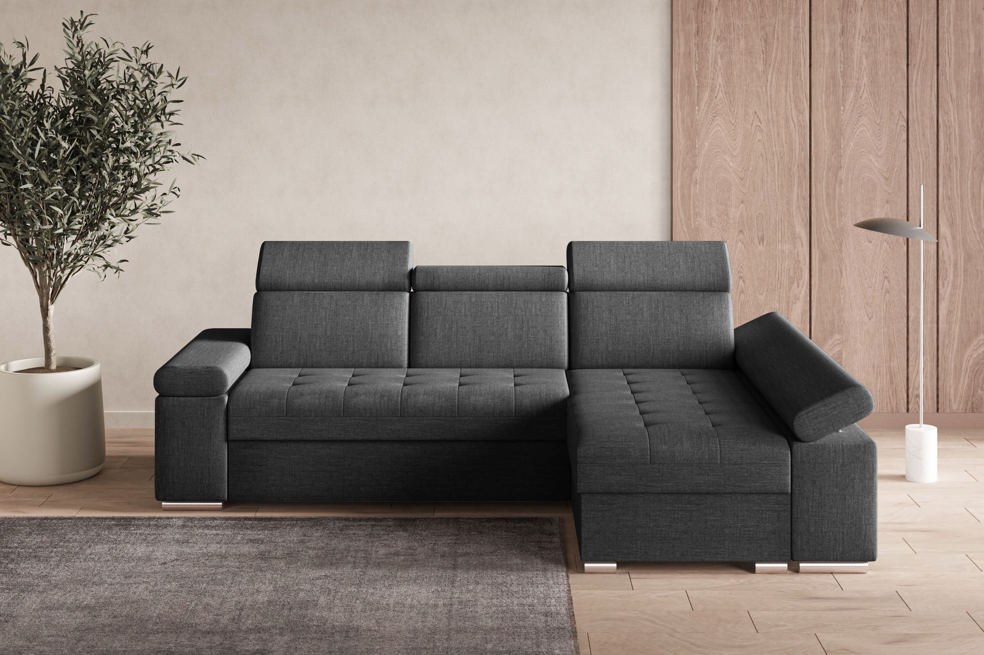 MOEBLO Ecksofa LUKA, modernes Schlafsofa, bequemes Sofa mit Liegefunktion, verstellbare Kopfstützen Sofa, Sofa mit Bettkasten, Ecksofa mit eleganten Metallfüßen, gemütliches Sofa für Wohnzimmer, Schlafsofa mit Stauraum, hochwertiges Ecksofa Stoff, modernes Design Sofa, großes Sofa für Gäste, Ecksofa mit Steppnähten, (BxHxT): 260x94x168 cm