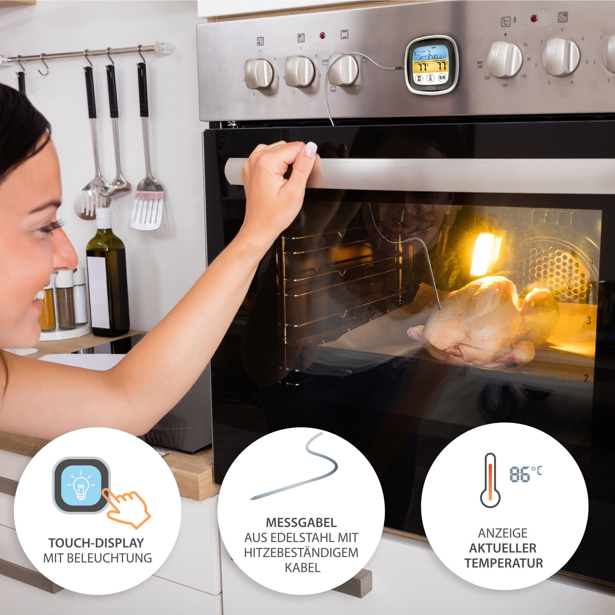 ADE Bratenthermometer BBQ1600, Ofenthermometer mit Farb-Display für den perfekten Garpunkt