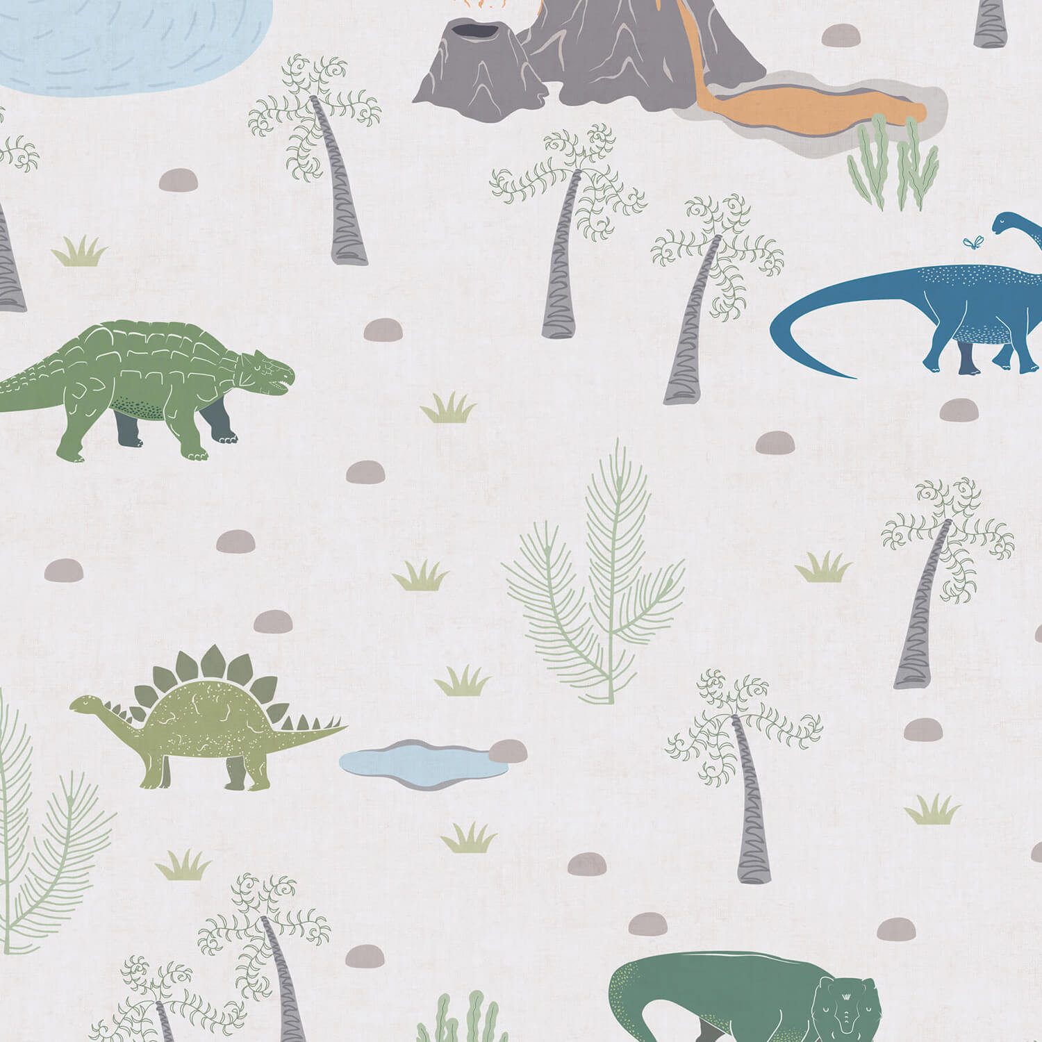 Profhome Kindertapete 771401-GU Kinderzimmer Tapete Dinosaurier matt creme grün blau, glatt, (1 Rolle, 5,33 qm), Vliestapete, bunt