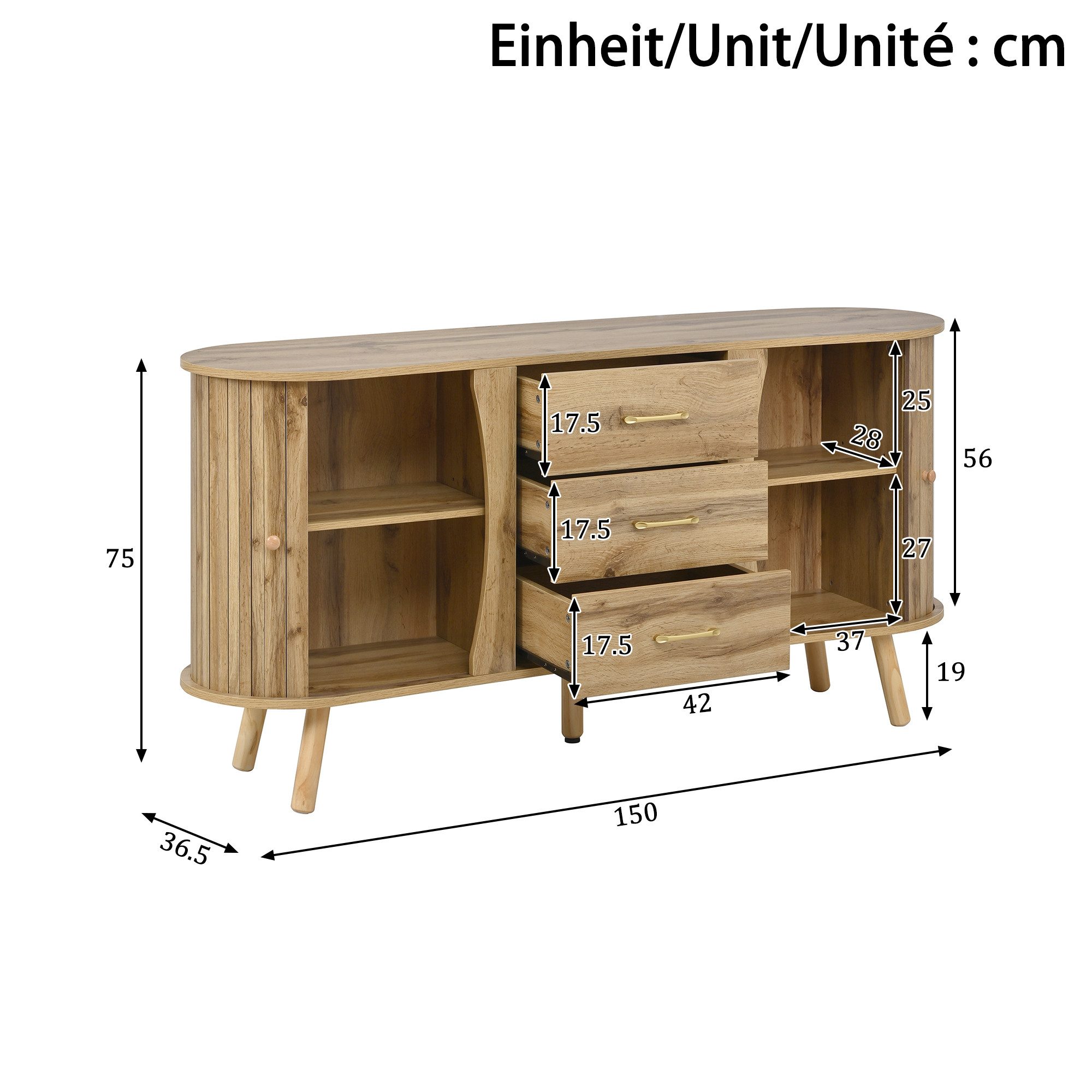 KLAM HOME Sideboard Sideboard mit Rillenoptik, 2 Schiebetüren & 3 Schubladen (Modernes Sideboard skandinavischer Stil mit Massivholzbeinen), Wohnzimmer Sideboard 150cm MDF mit höhenverstellbaren Fächern