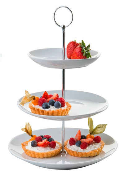 Home4You Etagere Servier-Ständer, Höhe 37 cm, 3 Etagen, weiß, Porzellan, (1-tlg), Ø 26 cm, für Obst, Süßigkeiten, Kuchen, Desserts