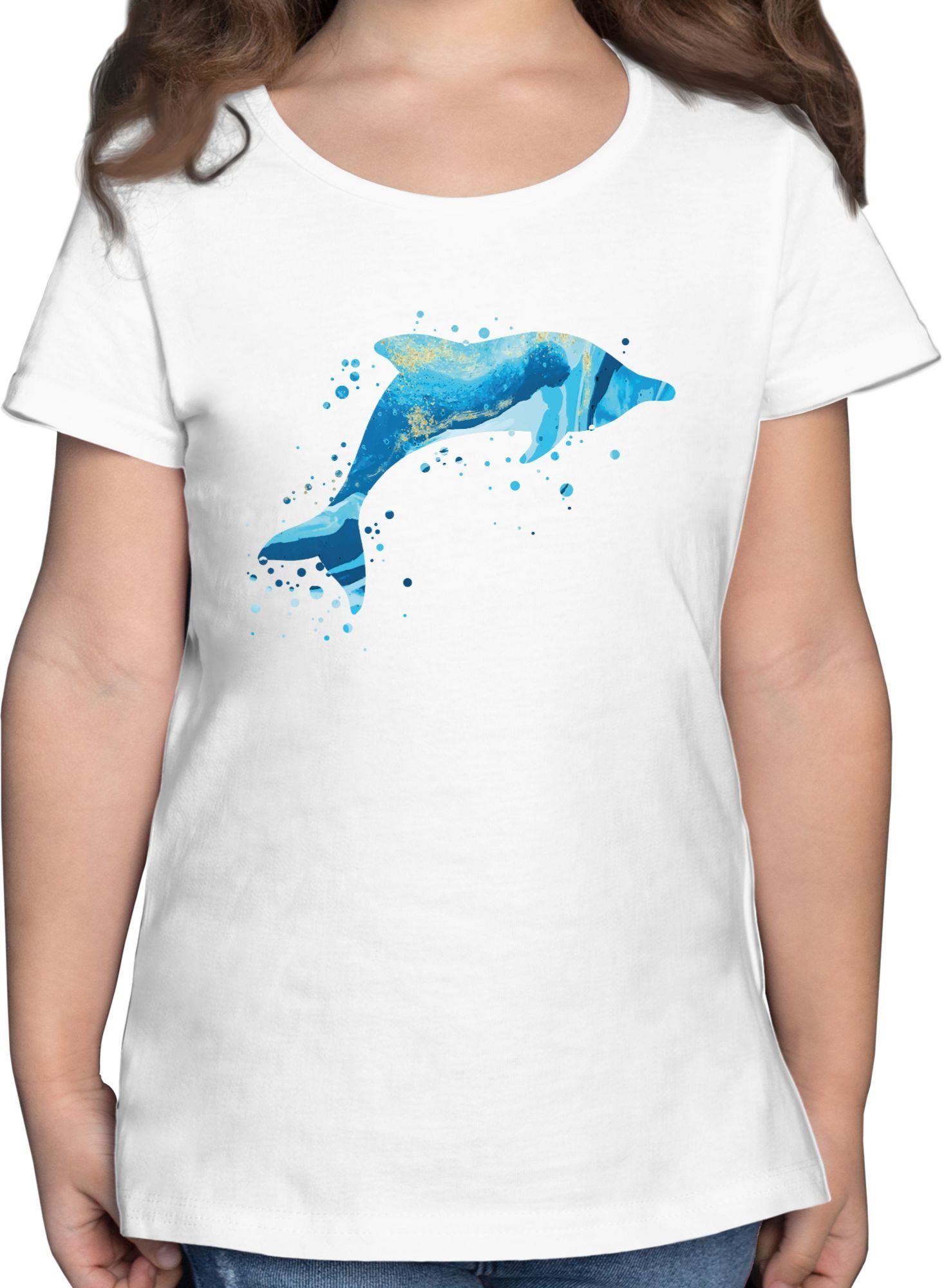 Springender Kinderkleidung T-Shirt mit Co Weiß 1 und Shirtracer Muster Delfin