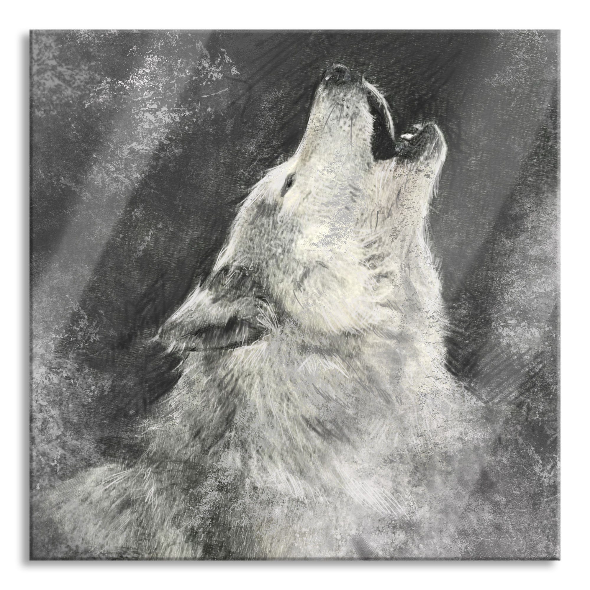 und inkl. Abstandshalter Heulender Glasbild Wolf St), Kunst, Wolf Glasbild (1 Pixxprint Kunst Aufhängungen Echtglas, Heulender aus