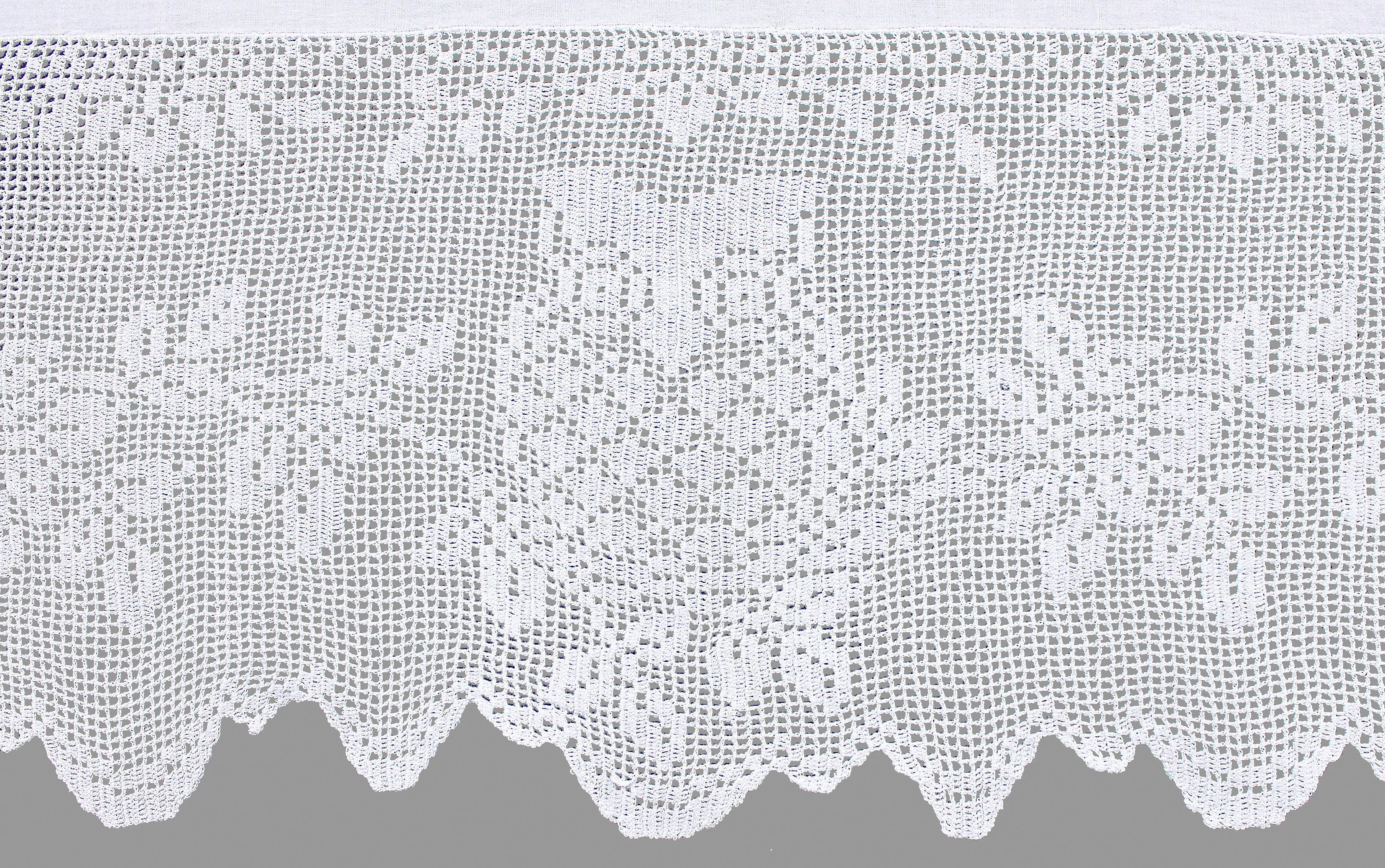 Querbehang Eule, HOSSNER - (1 St), Spitze, HOME weiß, handgehäkelte Stangendurchzug OF Baumwolle Wirkware, ART DECO, halbtransparent