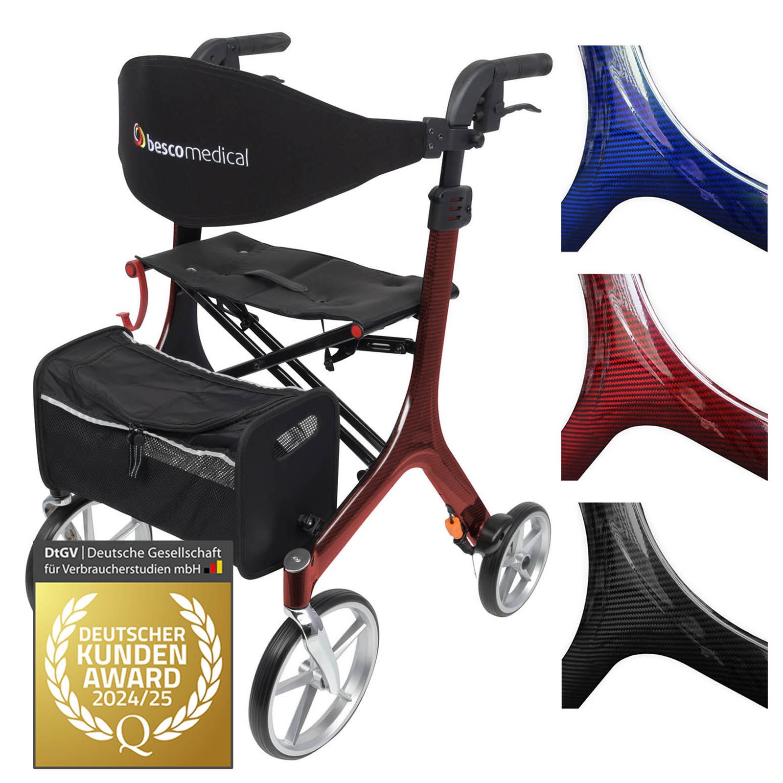 bescomedical Rollator CARBON - Premium Leichtgewichtrollator - faltbar & höhenverstellbar, ultra leichte Gehhilfe - mit Rückengurt, Netztasche und Stockhalter