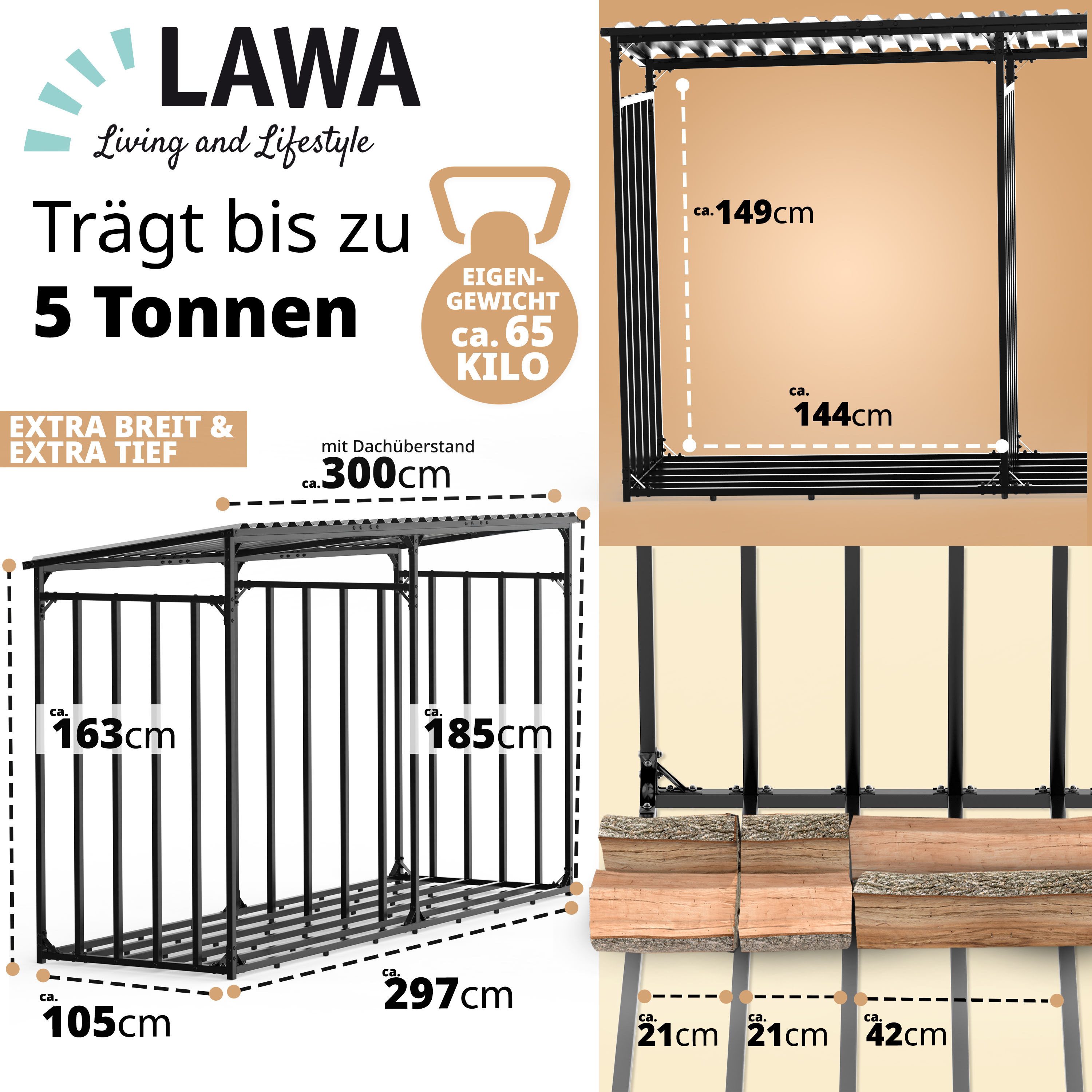 LAWA Living and Lifestyle Kaminholzregal außen mit Dach Metall Abdeckung 1m XXL Brennholz Unterstand Outdoor, BxTxH:300.00x105.00x185.00 cm, verzinkt, wetterfest, anthrazit