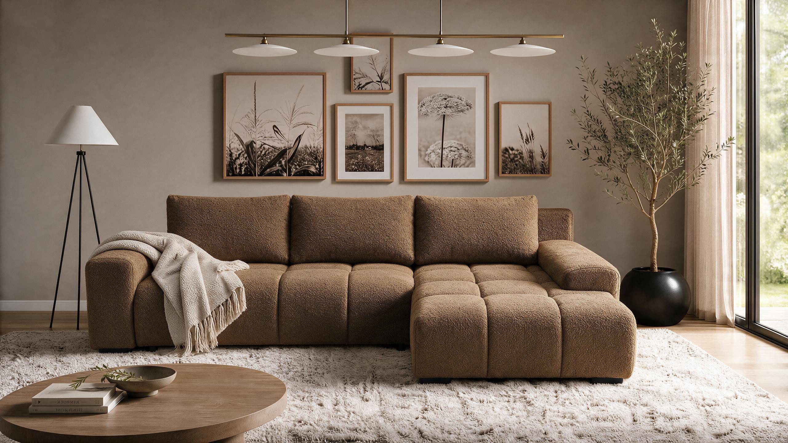 storez24 Ecksofa Ovia, mit Bettkasten und Schlaffunktion, Bouclé-Stoff, L-Form, bequem