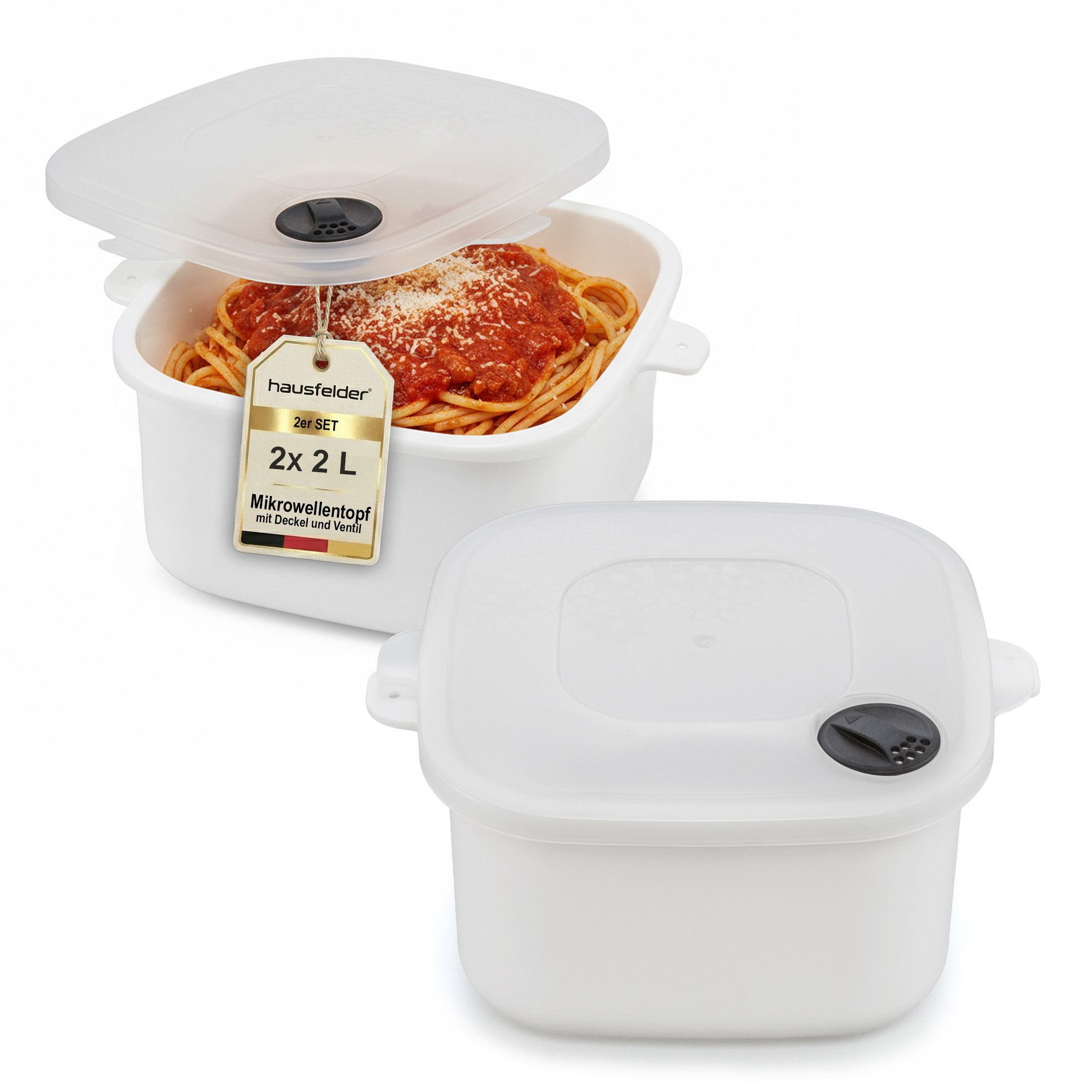 Hausfelder Mikrowellenbehälter Mikrowellentopf 2er Set, 2 x 2 Liter, Mikrowellengeschirrr mit Deckell, Mikrowellentopf 2 x 2 L, (2er Set, Set), BPA-freier Kunststoff, mit Dampfventil