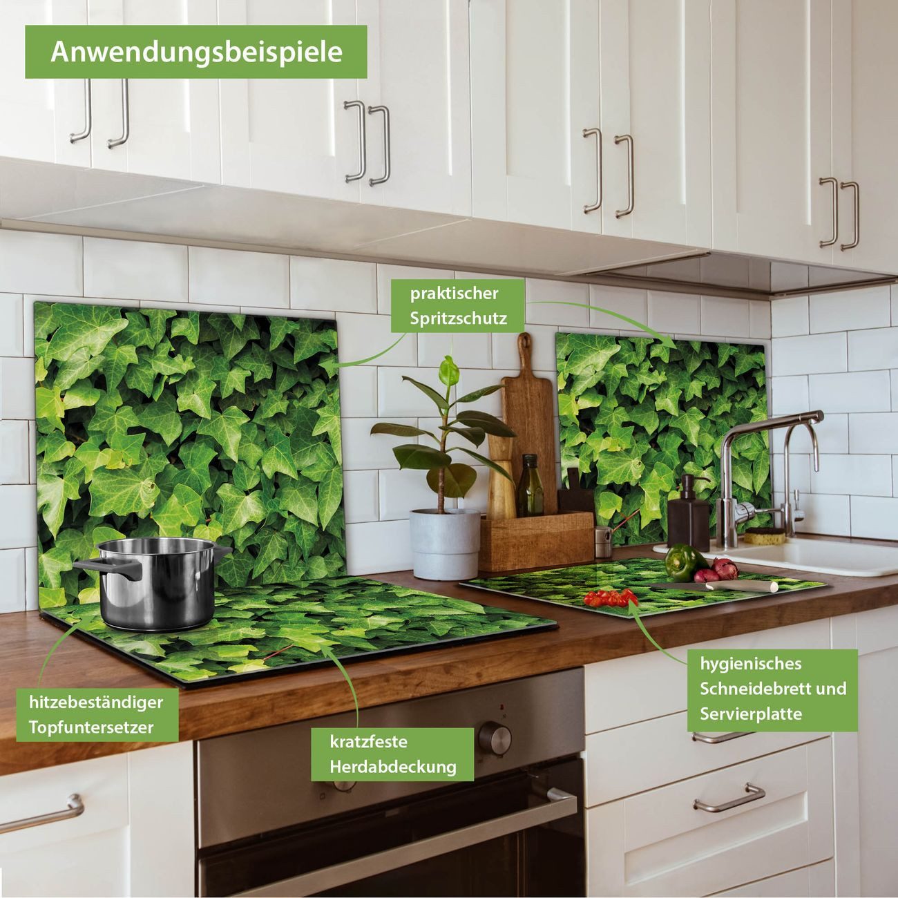 banjado Herd-Abdeckplatte einteilig aus Glas mit Motiv Efeu, (gehärtet, 1 tlg., inkl. selbstklebende Gummifüßchen)