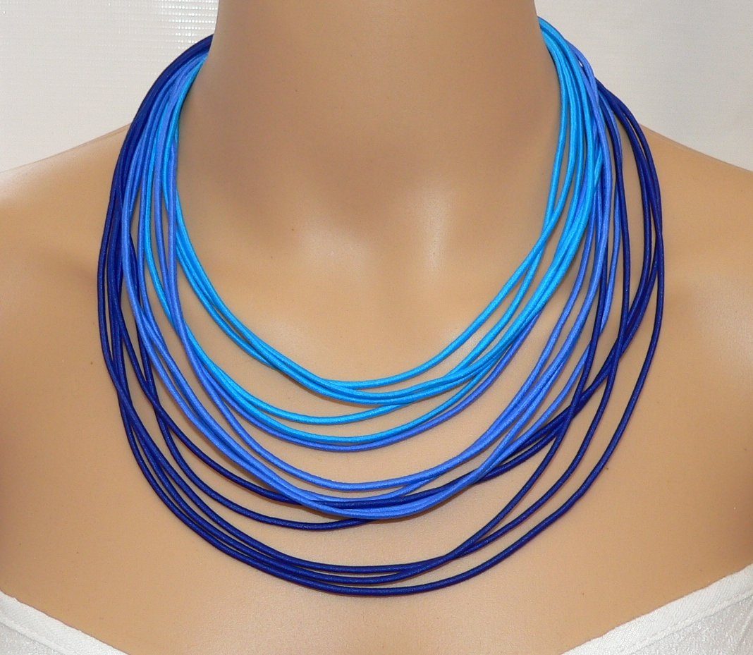 traumschmuck Collier 393a Halskette Statement Textil mehrreihig blau hellblau türkis (Geschenk, Muttertag, Weihnachten, Geburtstag, Valentinstag, incl. Schmuckbox), handgefertigt, Made in Germany