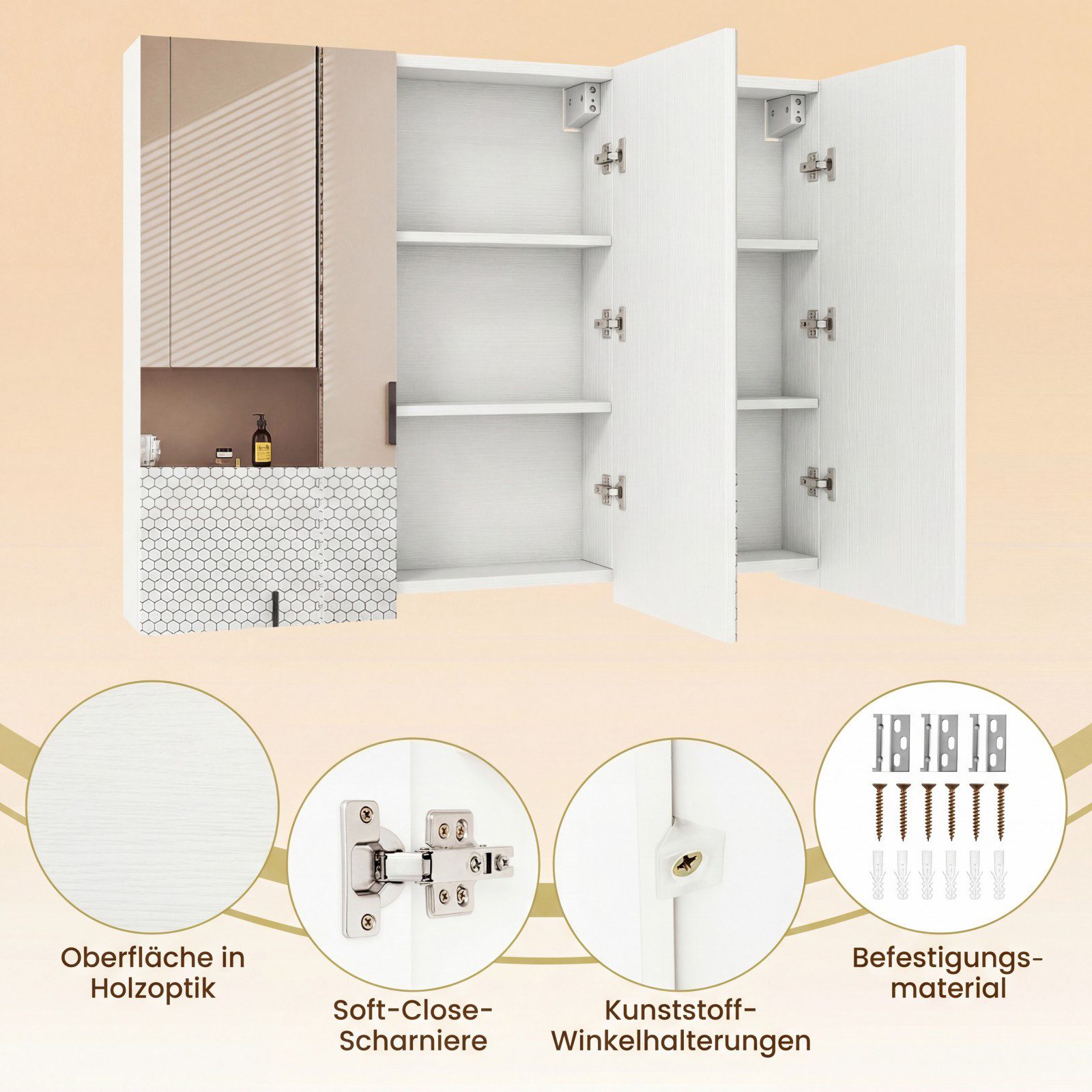 KOMFOTTEU Spiegelschrank Hängeschrank Wandschrank mit 3 Spiegeltüren, 6 Fächern