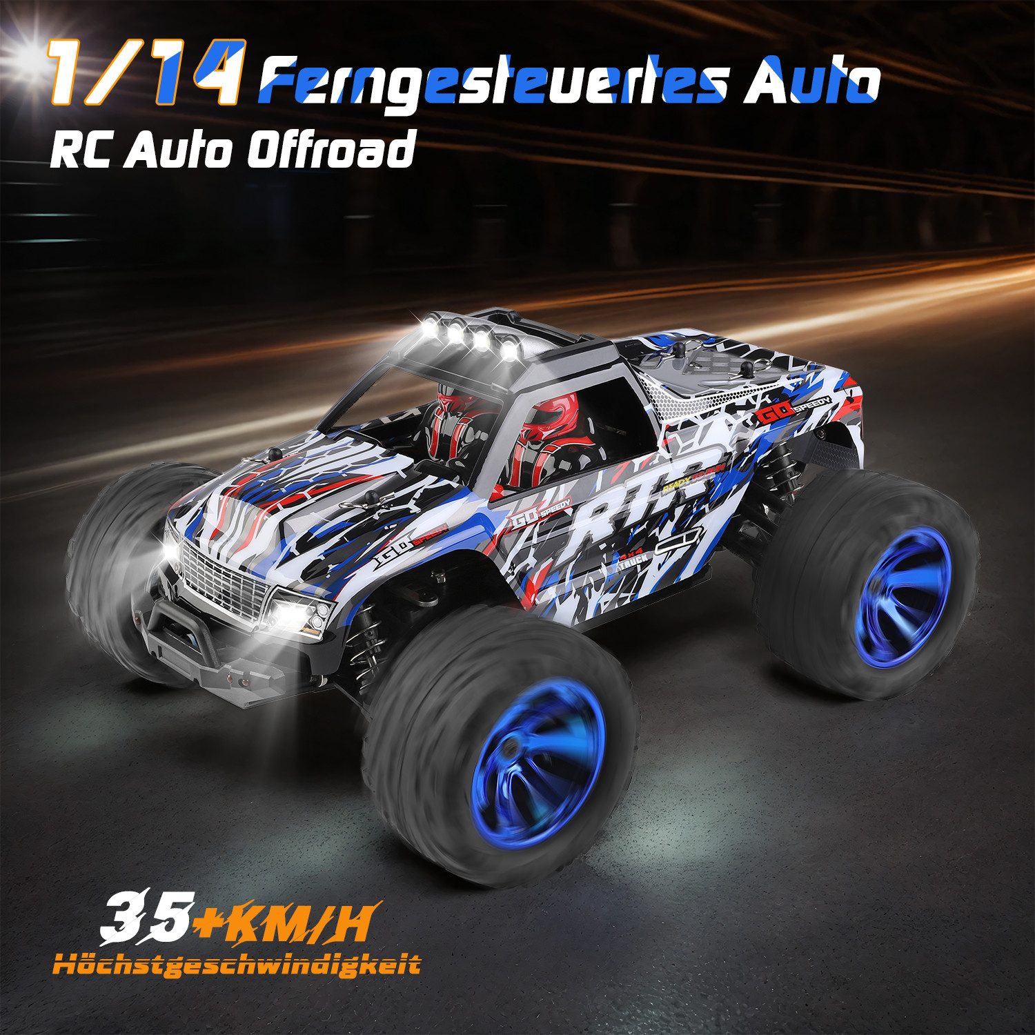 Esun RC-Auto Ferngesteuertes Auto 1/14, 35+KM/H RC Auto mit Lichtern, Monstertruck (SET, 2.4GHz Ferngesteuerter Monstertruck), mit 2 Akku 30 Minuten, 2.4GHz RC Auto Offroad