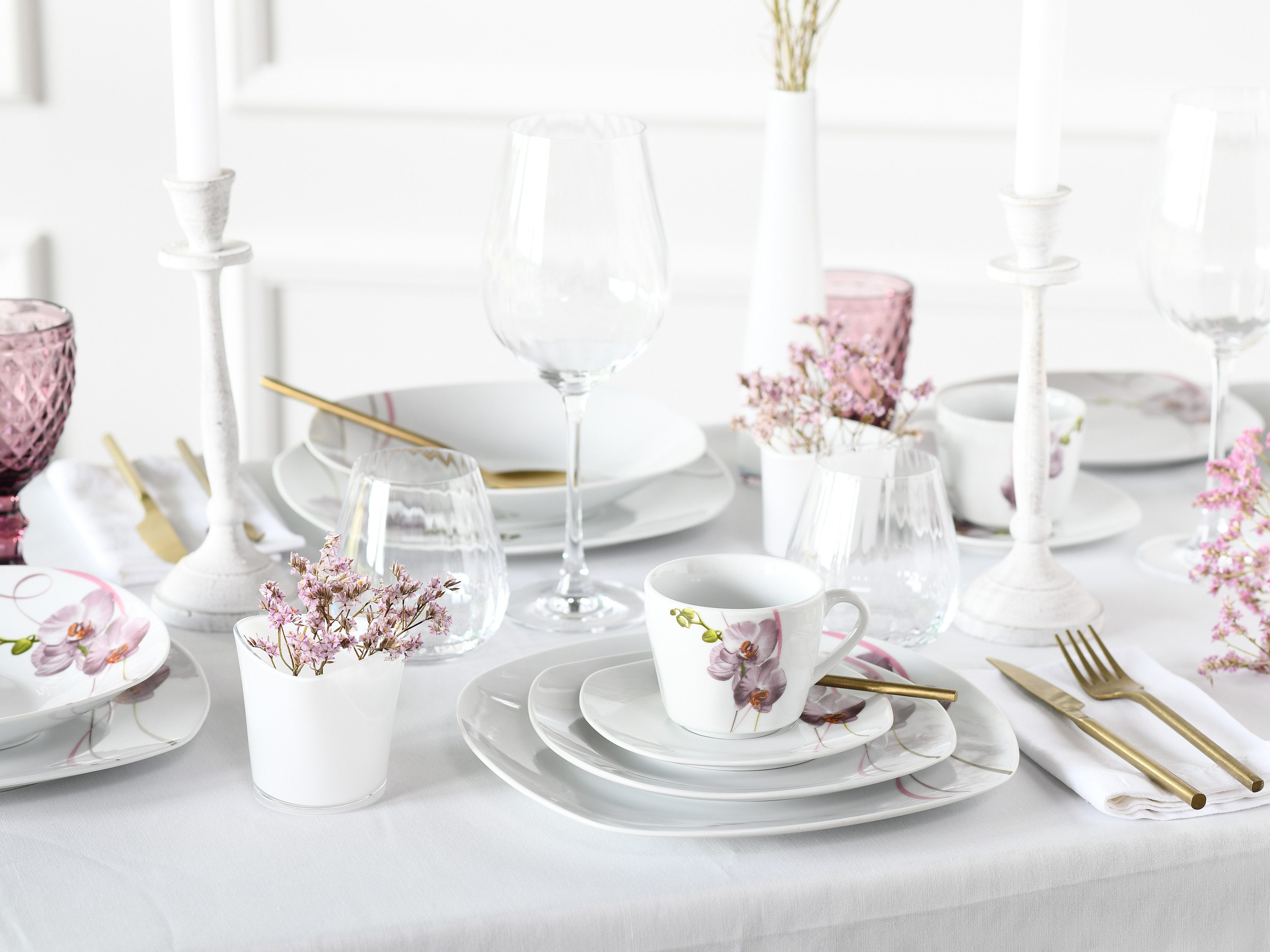 CreaTable Kombiservice Square Orchidee, Kombi-Service 62-tlg (62-tlg), 6 Personen, Porzellan, Fotorealistische Darstellung