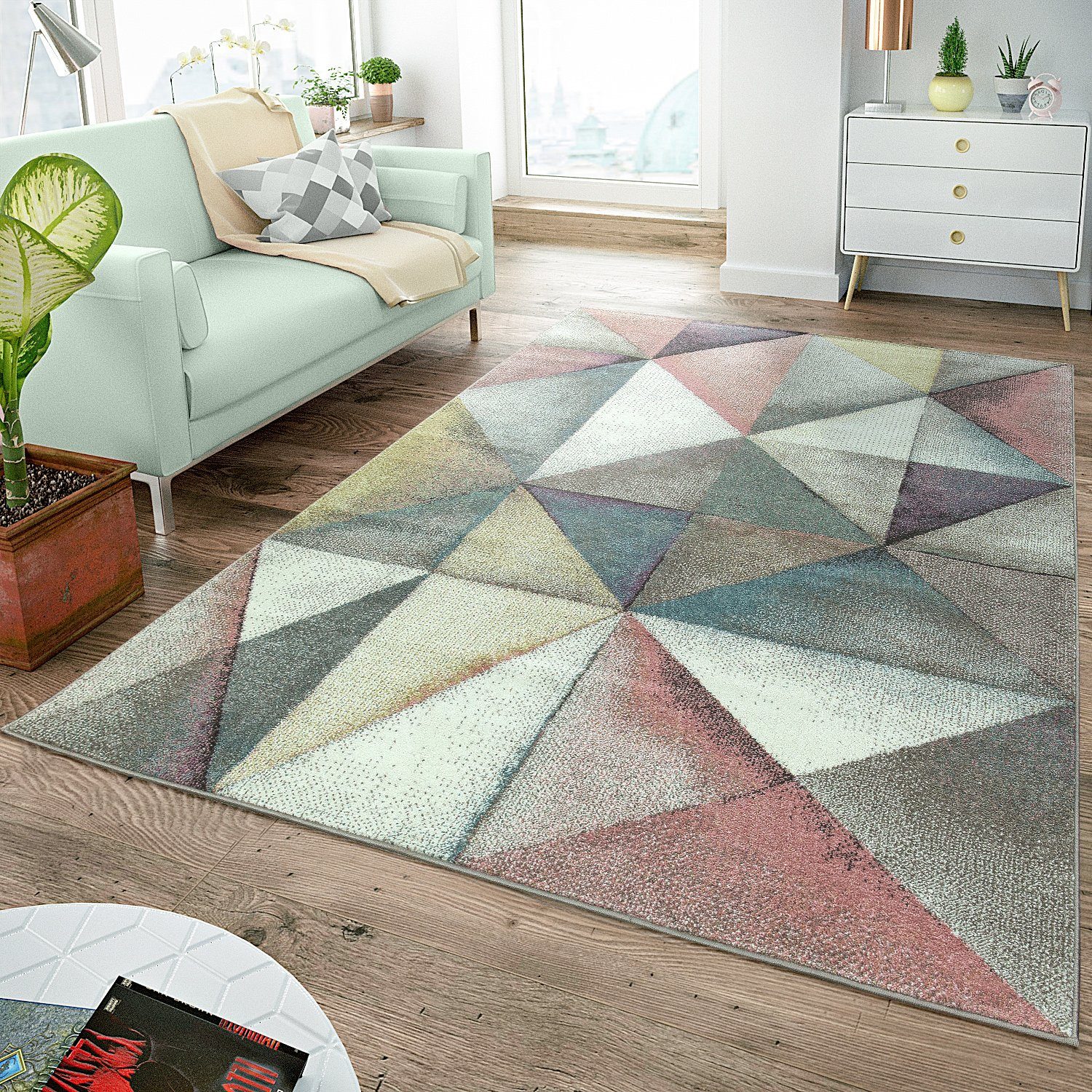 Teppich Moderner Kurzflor Teppich Pastellfarben Geometrisches Design, TT Home, Läufer, Höhe: 13 mm