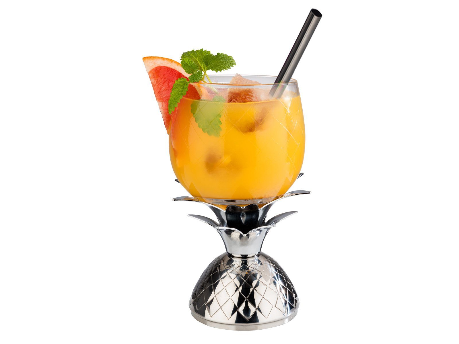 APS Cocktailglas, 3-tlg., Glas, Ananasglas Cocktail-Set, Cocktailbecher mit Deckel & Metall Strohhalm