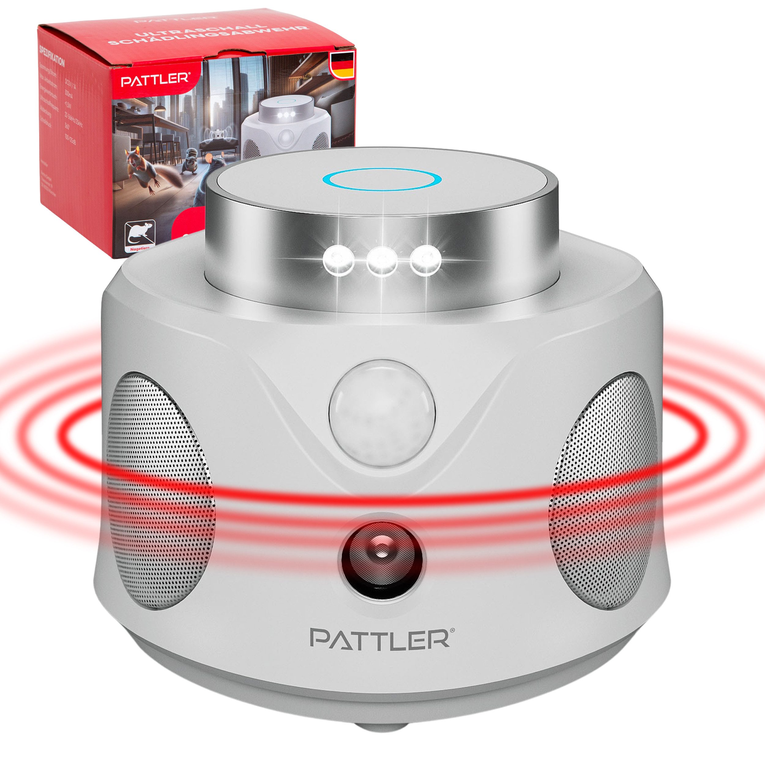 Pattler Ultraschall-Tierabwehr 360° Ultraschall Mäuseabwehr - Effektiv Mäuse vertreiben, 1-tlg., mit Ultraschallwellen - optimiert für die Abwehr von Mäusen und Ratten