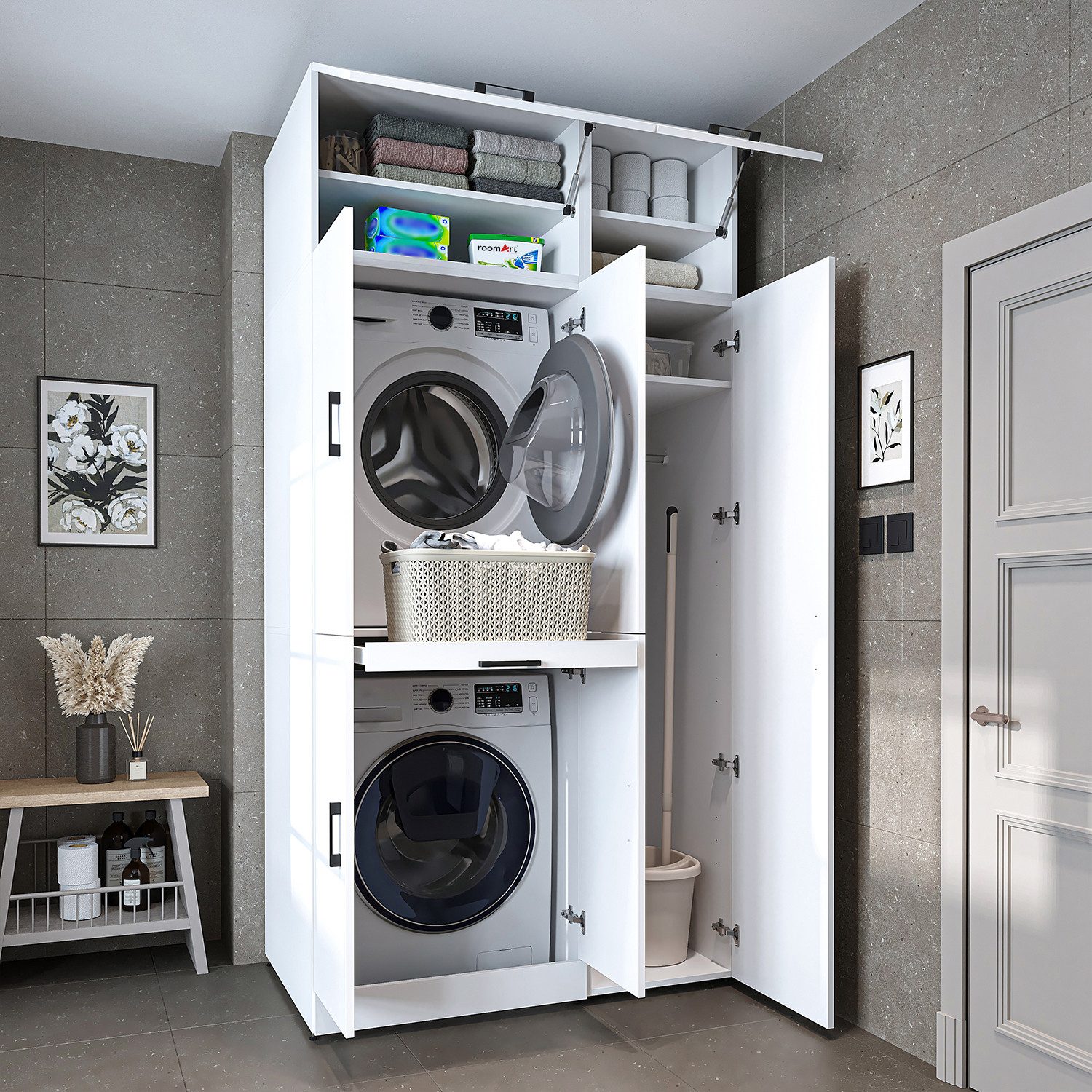 Roomart Waschmaschinenumbauschrank DORA Waschküche 115 cm mit Hochschrank, Soft-Close, 4 Farben (Waschmaschinenschrank DORA für Trockner & Waschmaschine in 4 Farben) Soft-Close-Türen, Vollauszug, 130kg Belastbarkeit, 4 Farben