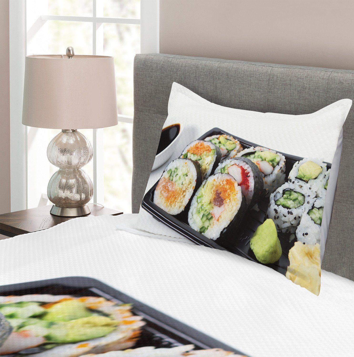 Waschbar, Sushi Tagesdecke Abakuhaus, Verschiedene Set mit Kissenbezügen Wasabi Photo Platte