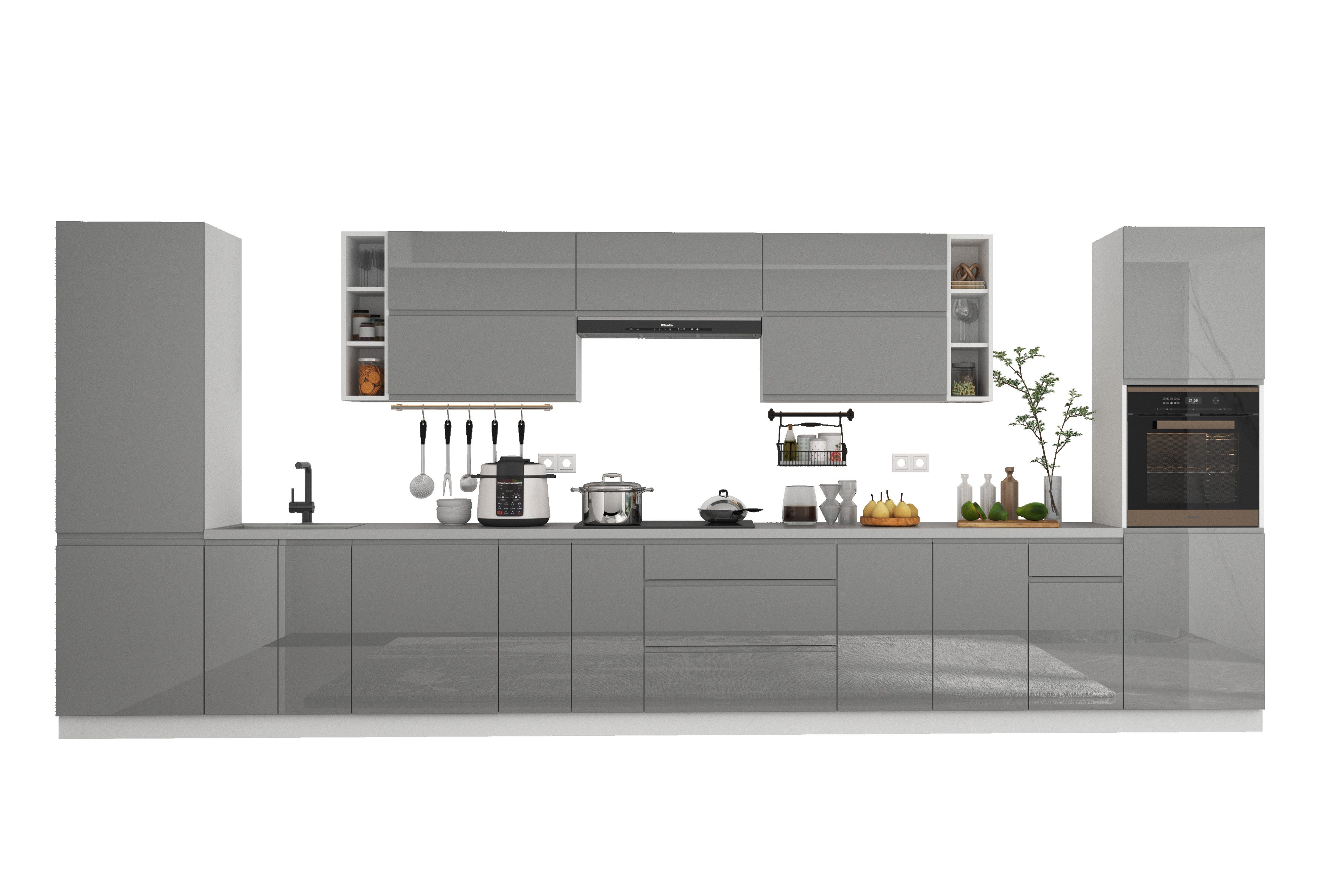 ROYAL24_MARKT Küchenzeile - KA2-M500 - Aspen Grau / Weiß Hochglanz, (Komplett Set), Hochwertig - Modern - Exklusiv