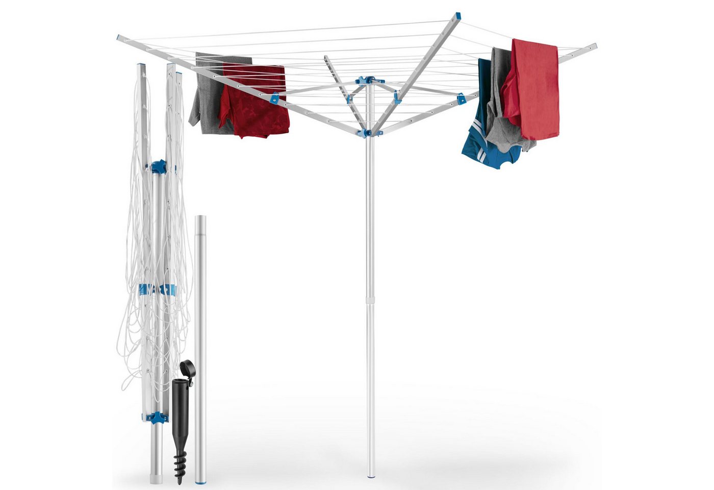 tectake Wäschespinne Wäscheständer aus Aluminium, Leinenlänge 40 m, 150 x 150 x 196 cm, klappbar, drehbar und höhenverstellbar, wetterfest, Inkl. Bodenhülse