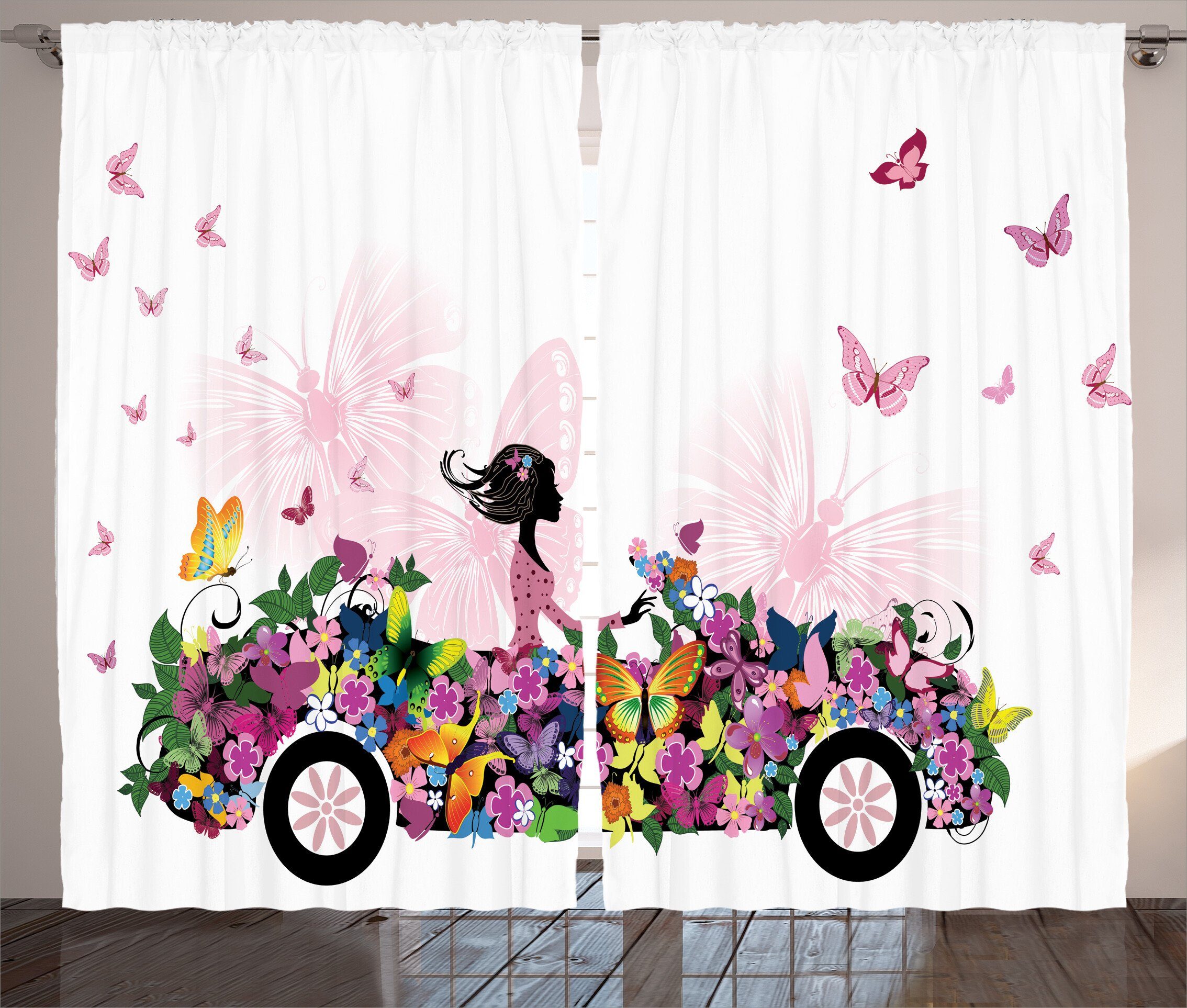 Gardine Schlafzimmer Kräuselband Vorhang mit Abakuhaus, Floral Schlaufen Schmetterlinge Car und Mädchen Haken