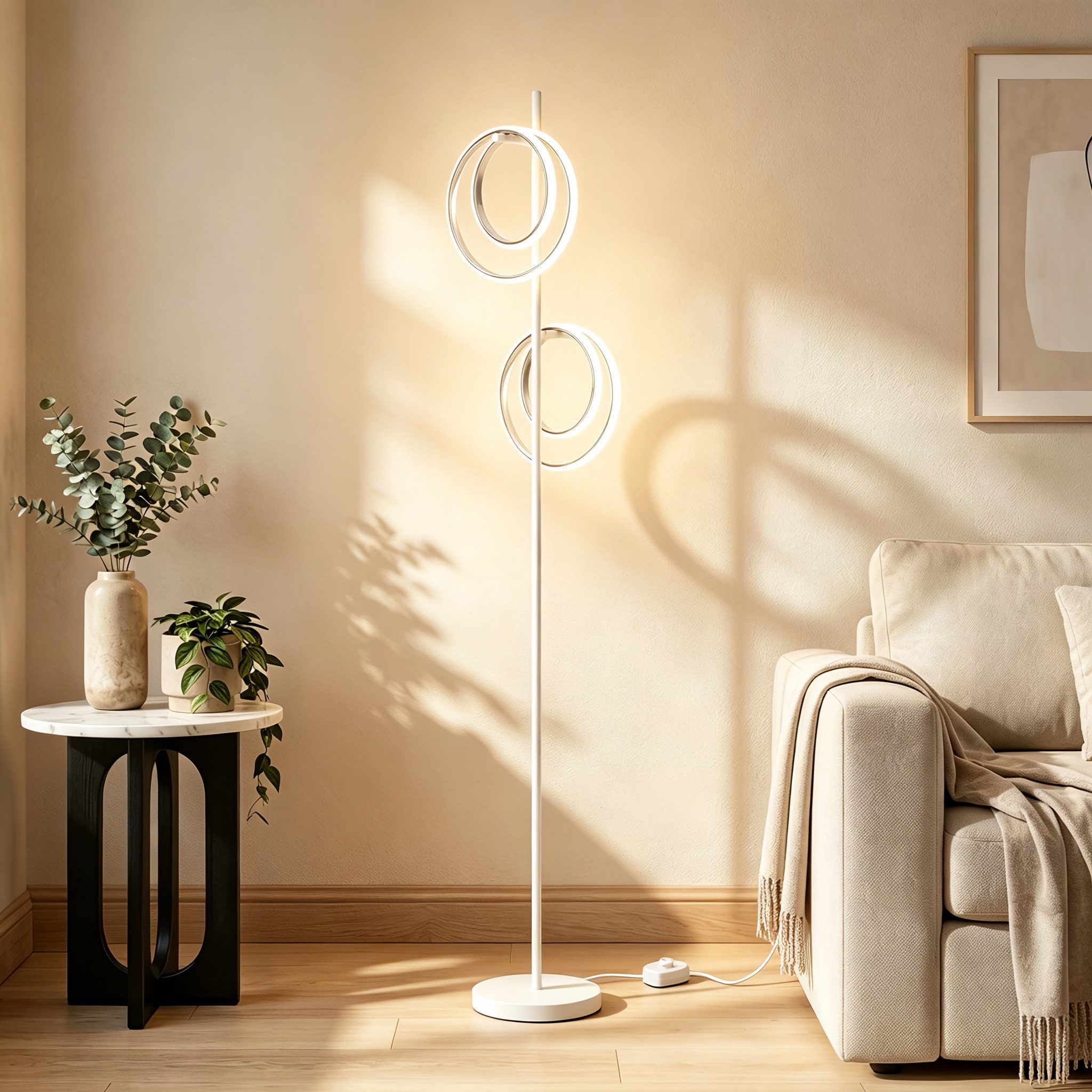 BlingBin Stehlampe LED Doppelring Standleuchte 21W, 4500K, LED Lampe 2500lm, LED fest integriert, Naturweiß, Wohnzimmerlampe mit Schalter für Schlafzimmer, Büro, Küche& Flur