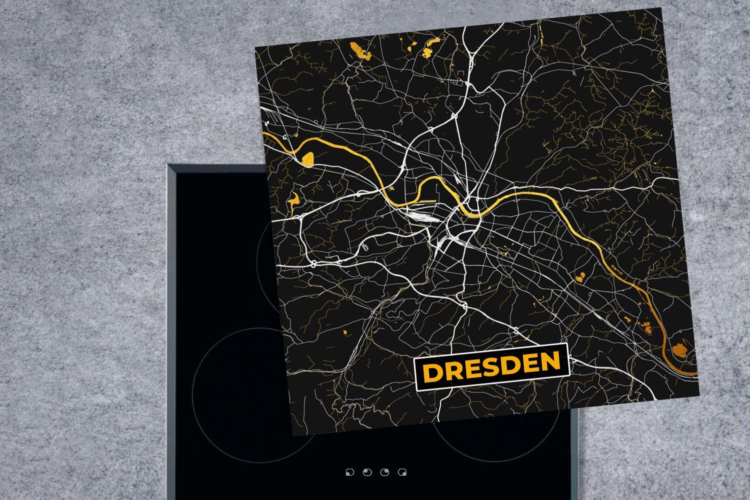 Dresden - küche - Vinyl, cm, - Arbeitsplatte Ceranfeldabdeckung, 78x78 tlg), Herdblende-/Abdeckplatte Gold MuchoWow (1 - Karte Stadtplan für Deutschland,