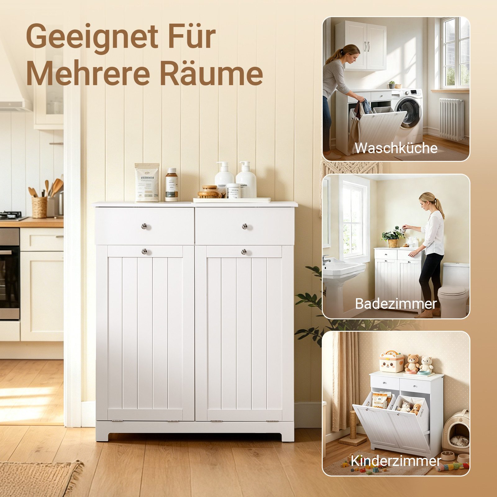 SoBuy Wäscheschrank DE1-BZR33, Badschrank mit Wäschekorb, Badkommode, Bad Waschküche Badezimmerschrank Wäscheschrank mit 2 Schubladen und 2 Wäscheboxen – Bild 5 von 5