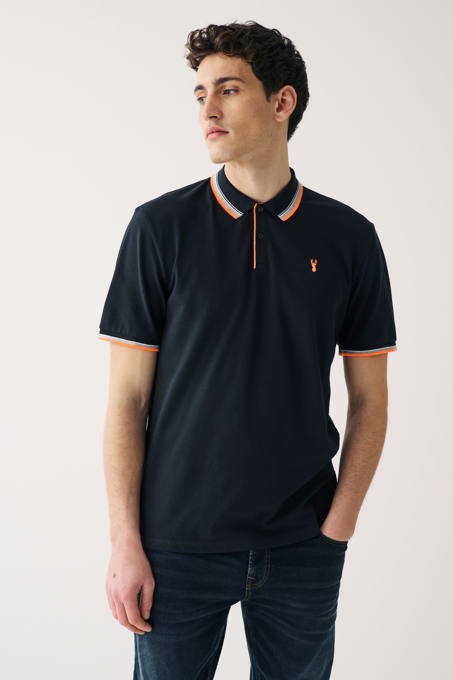 Next Poloshirt Pikee-Poloshirt im Regular Fit mit Kragenstreifen (1-tlg) Navy Blue/Orange