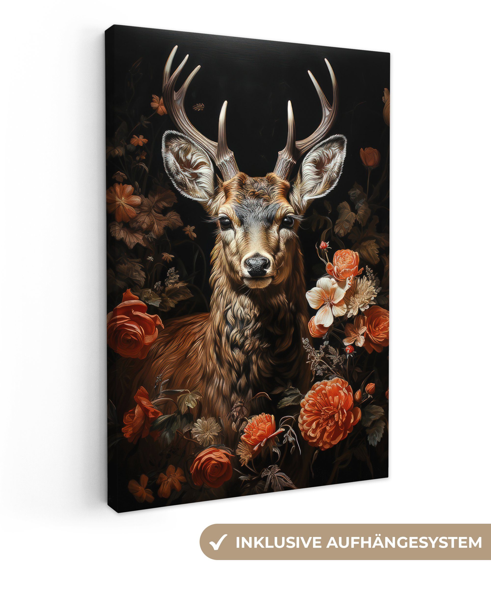 OneMillionCanvasses® Leinwandbild Hirsch - Tier - Blumen - Natur - Botanisc günstig online kaufen