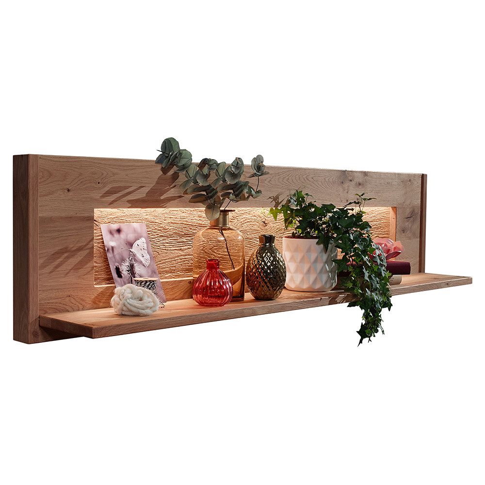 Lomadox Wandregal WELLAND-69, 123 cm breit, Eiche massiv geölt mit LED-Beleuchtung