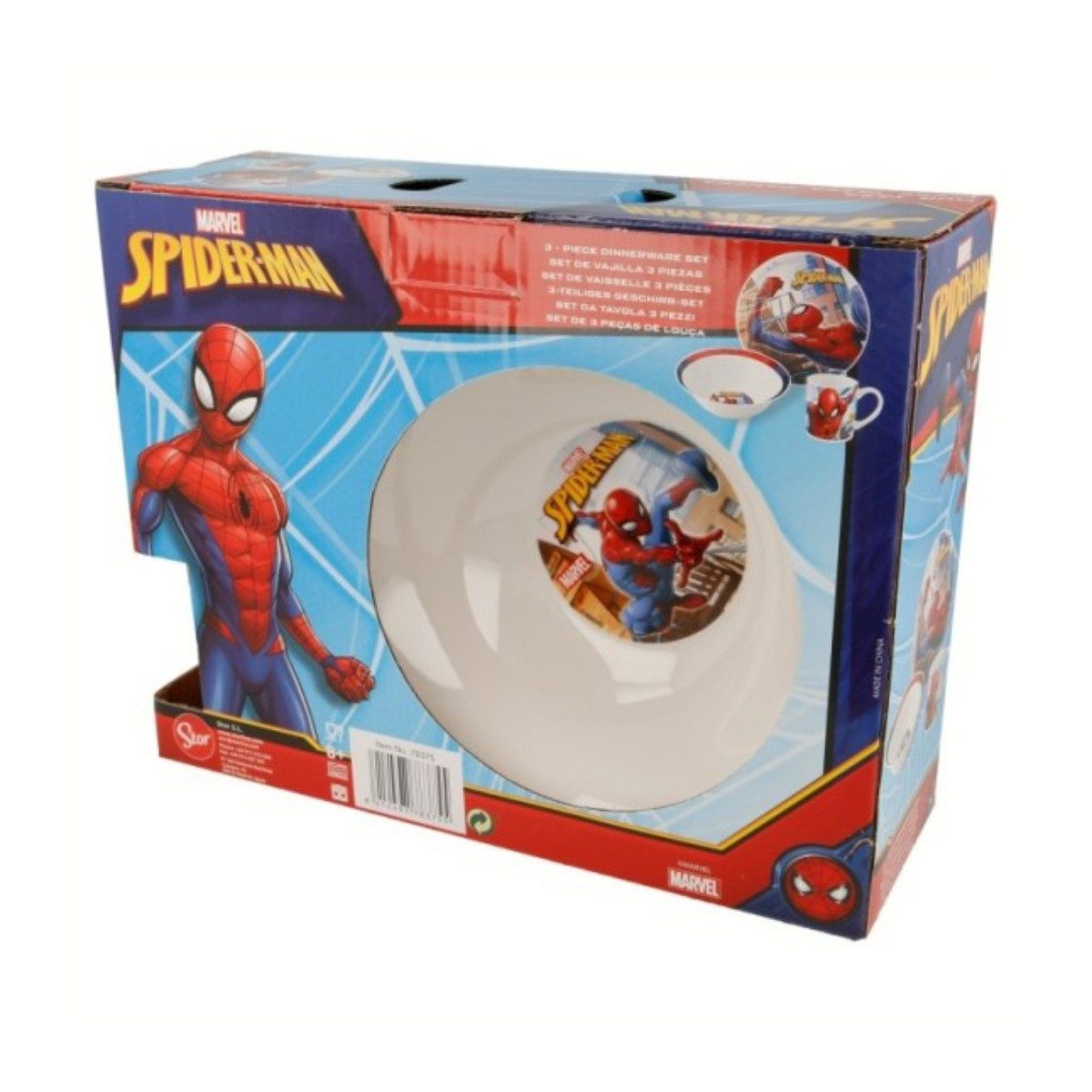 Spiderman Kindergeschirr-Set Snack Set 3 teilig aus Keramik mit Teller Schale und Tasse Geschenkbox (3-tlg), 1 Personen, Keramik, 3-Teilig