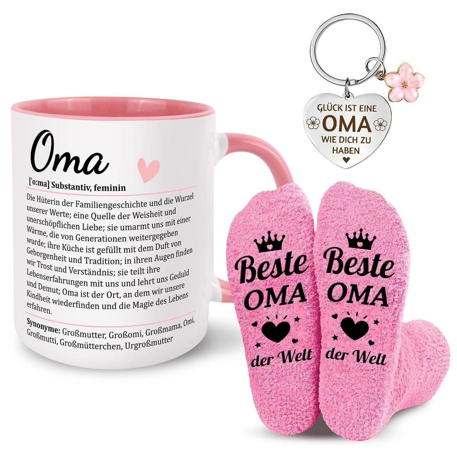 LuxusKollektion Becher Geschenkset Oma Becher Socken Schlüsselanhänger, Keramik