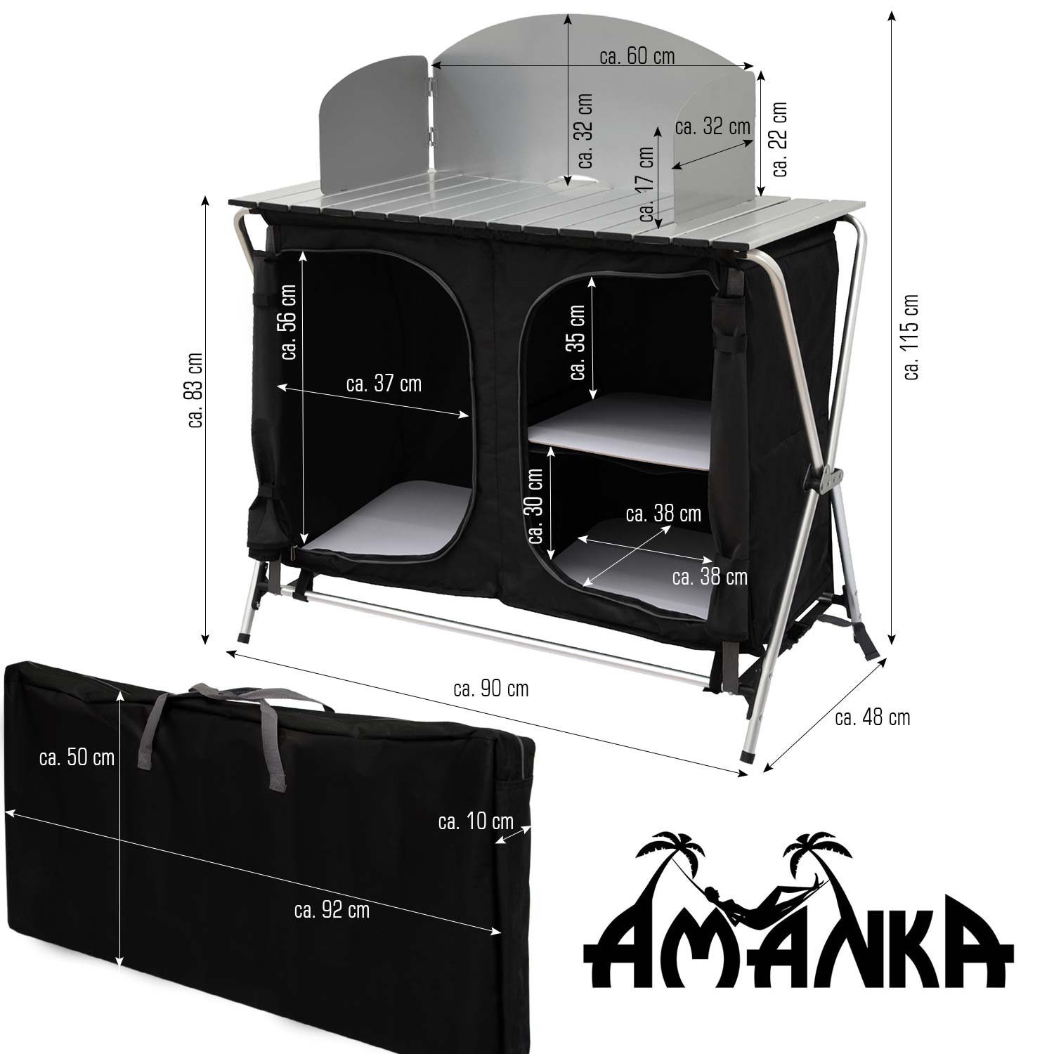 AMANKA Stoffschrank Camping-Küche + Windschutz faltbar 90x48x115cm Fächer 3 Campingschrank Camping