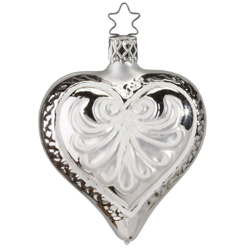 INGE-GLAS® Christbaumschmuck, Christbaumschmuck Glas Herz mit Ornament Vintage 8cm silber 1 Stück