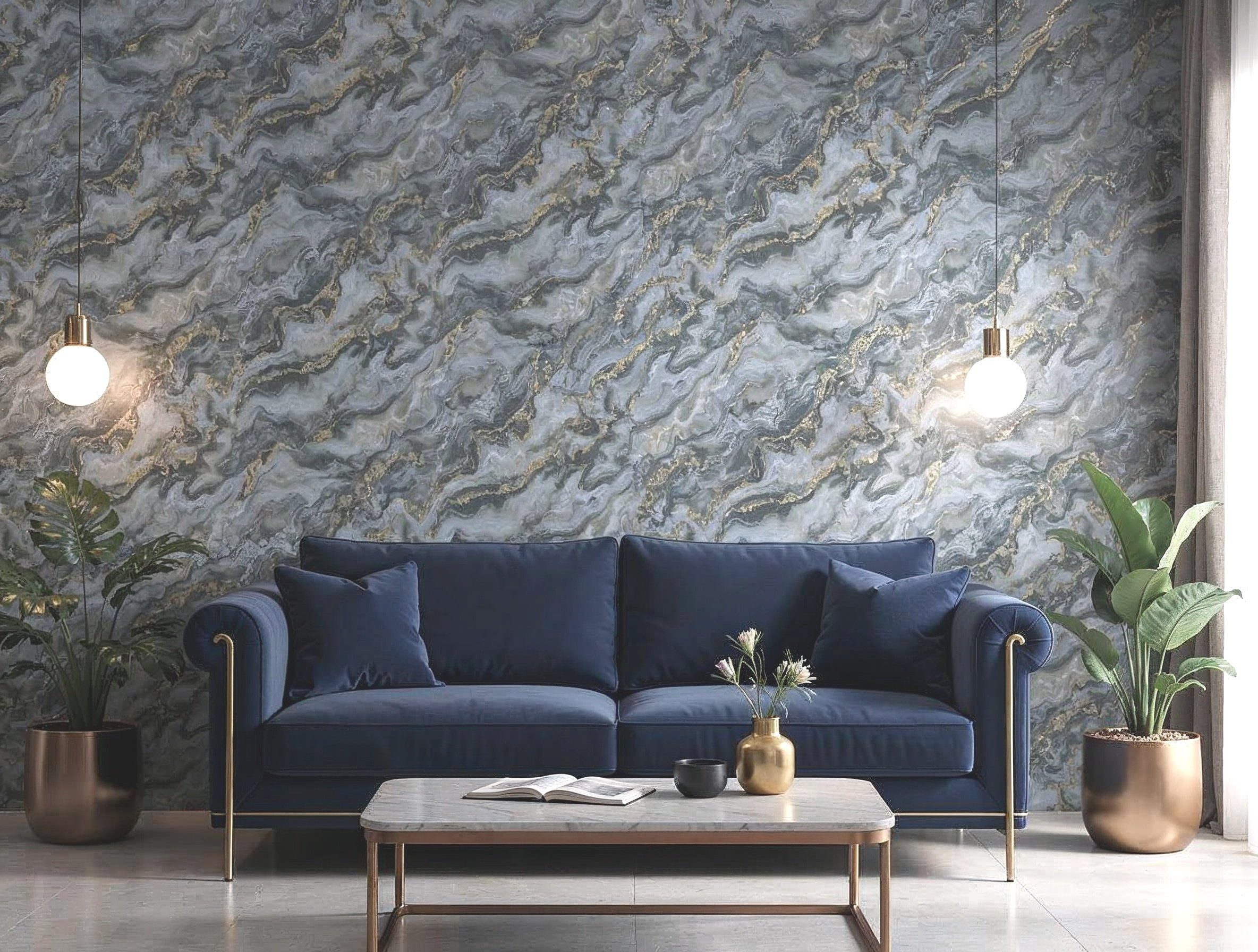 Newroom Vliestapete Tsunis Blue Tapete Mustertapete Marmor,Acryl,Leicht glänzend, Blau Tapete Modern Marmor - Mustertapete Marmoroptik Grau Gold 3D Optik Glamour Acryl Leicht glänzend für Wohnzimmer Schlafzimmer Küche, Marmoroptik