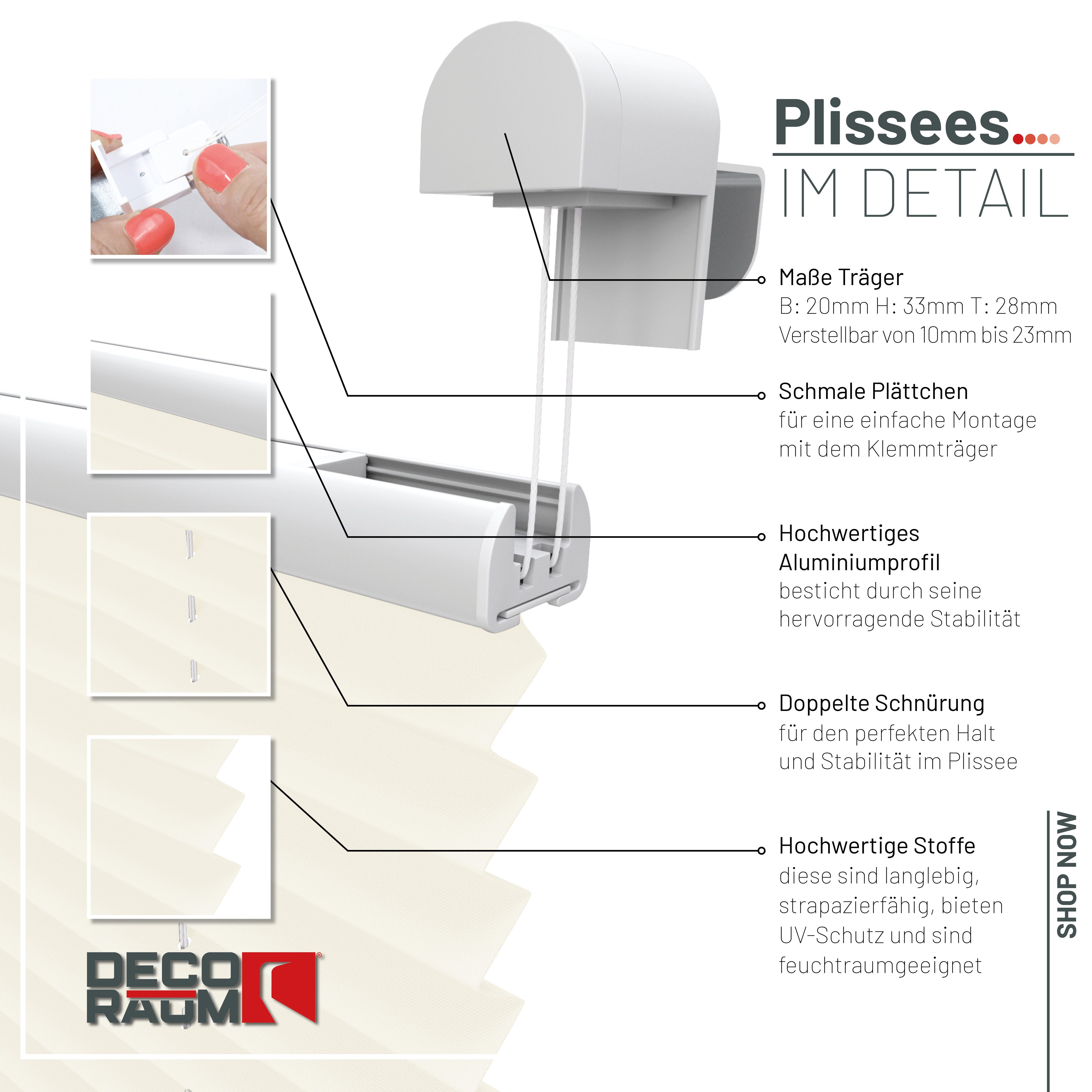 Deco-Raum Plissee Basic, blickdicht, Klemmträger, auf dem Fenster-/Türrahmen, Klemmfix, einfache Montage, in verschiedenen Farben und Größen ohne Bohren