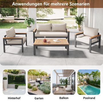 HAUSS SPLOE Gartenlounge-Set mit Sofa, 2 Einzelstühle, 1 Tisch aus Stahl und Akazienholz Beige