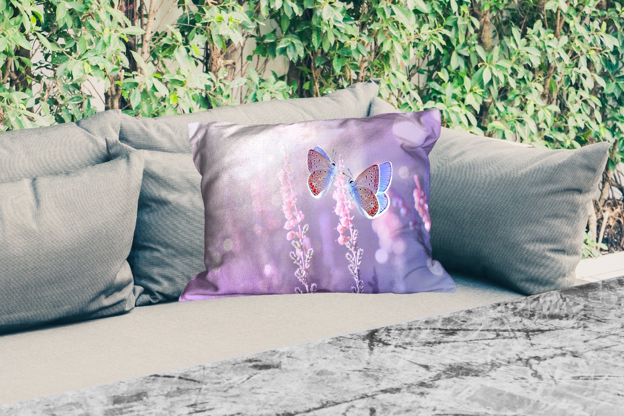 Outdoor-Dekorationskissen, Lavendel Blumen Kissenhülle - Polyester, Schmetterling Dekokissen - Dekokissenbezug, MuchoWow Lila, -