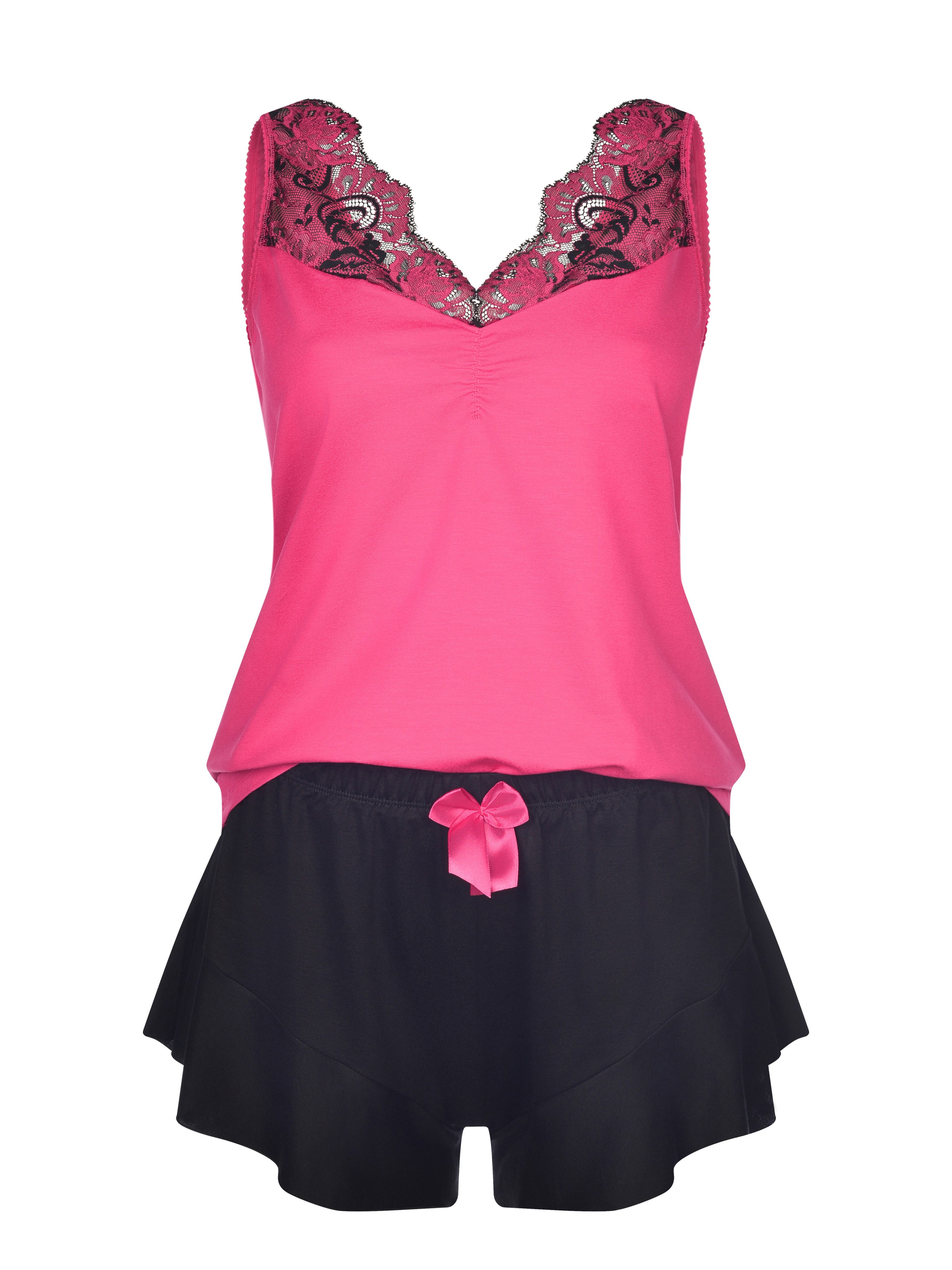 Donna Shorty Schlafanzug kuerz in Pink mit Spitze (2 tlg) Shorts mit Rüsche günstig online kaufen