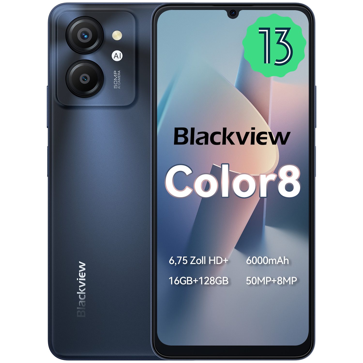 blackview Color8(8+128) Smartphone (6.75 Zoll, 50 MP Kamera, 6000 mAh, Dual 4G, Face ID)